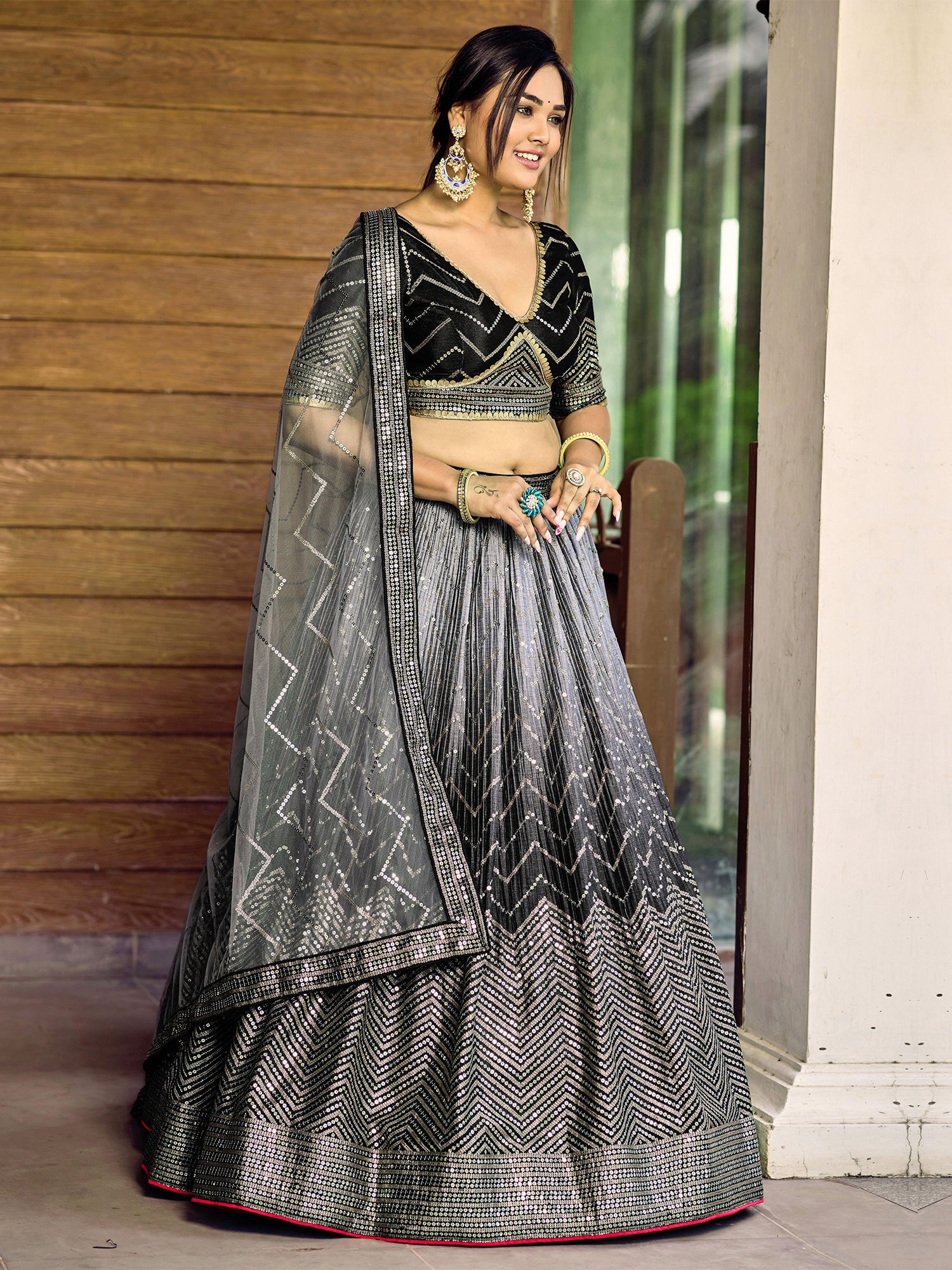 Black Shaded Lehenga Choli In Chinon Silk With Sequins Embellishement