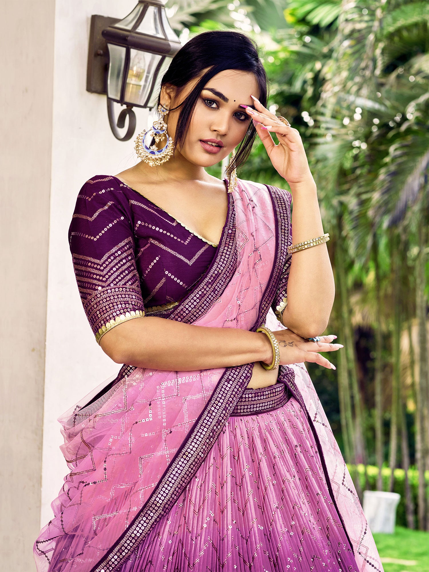 Purple And Pink Shaded Lehenga Choli In Chinon Silk With Sequins Work