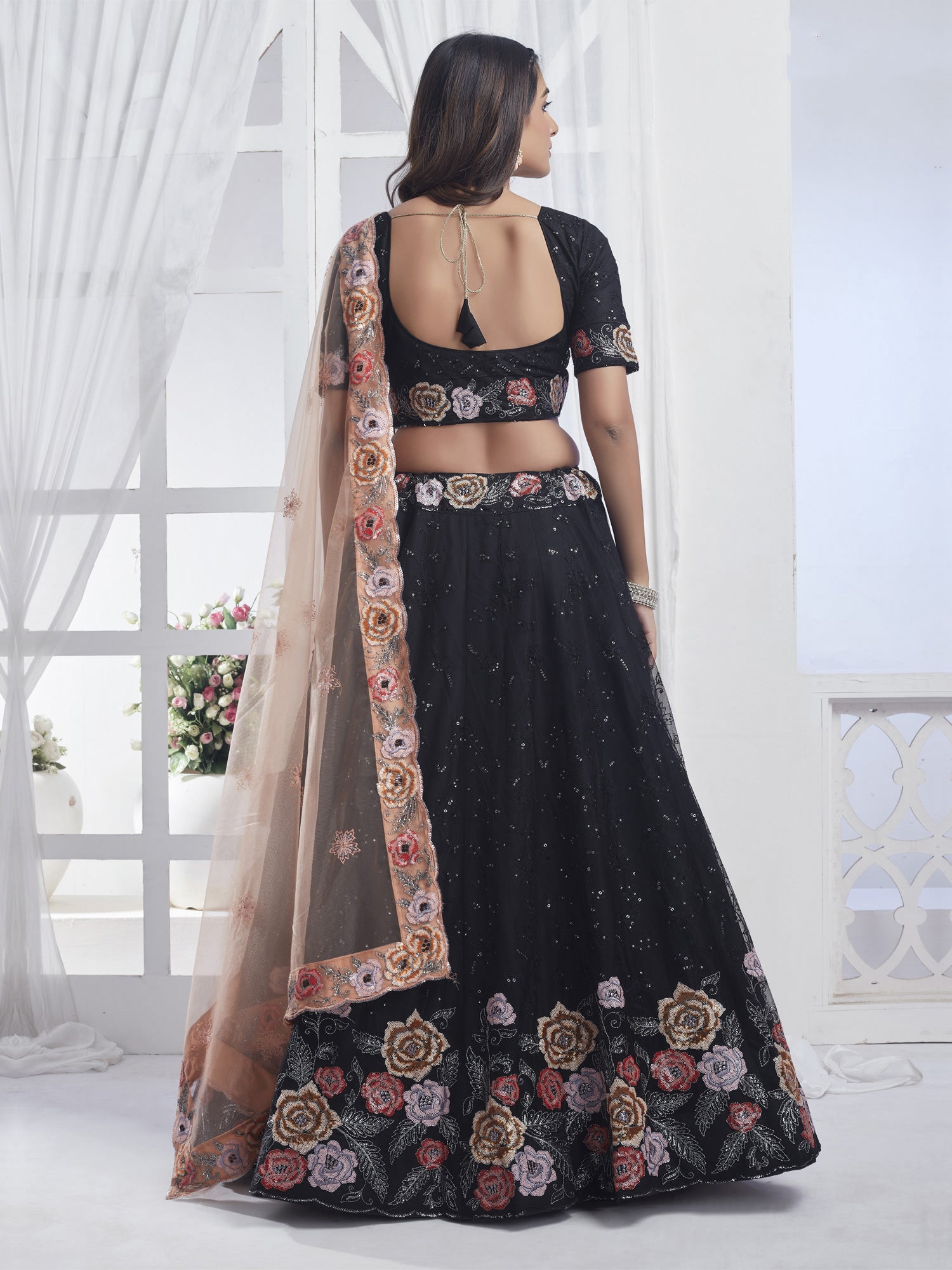 Black Sequined Rose Pattern Embroidered Lehenga Choli In Net