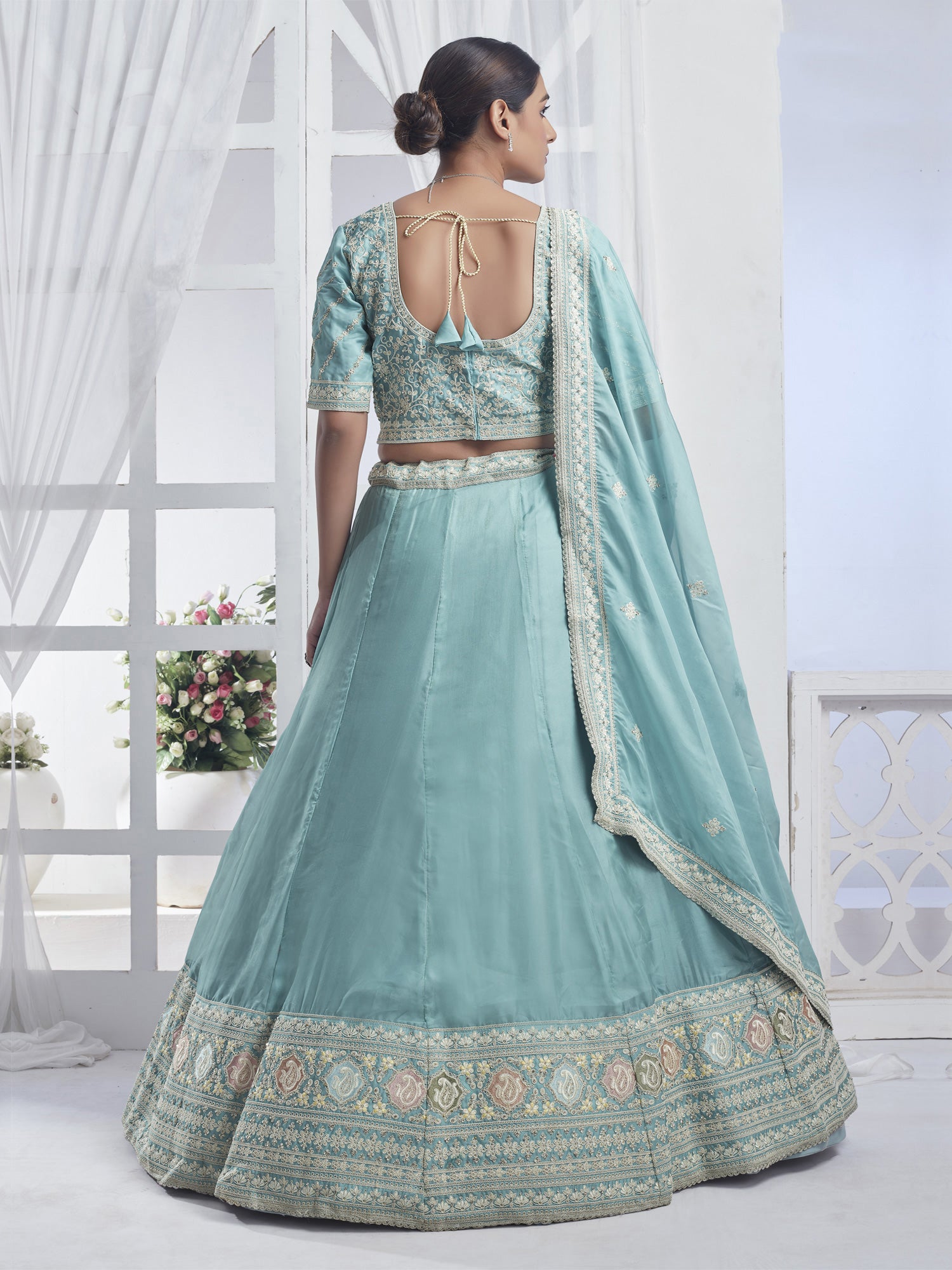 Light Blue Wedding Wear Lehenga Choli In Chiffon Silk