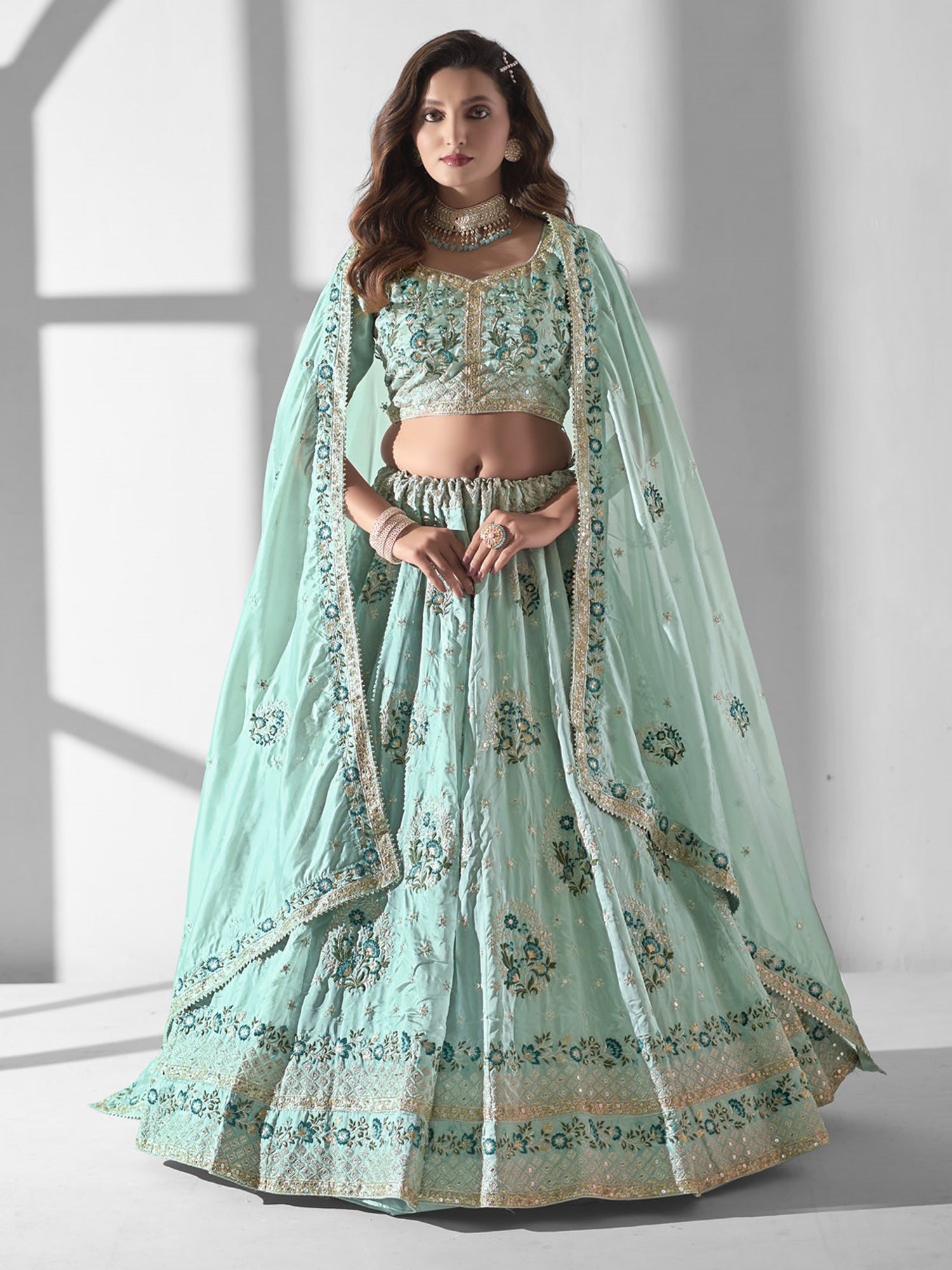 Sea Green Floral Thread Embroidered Lehenga Choli In Organza