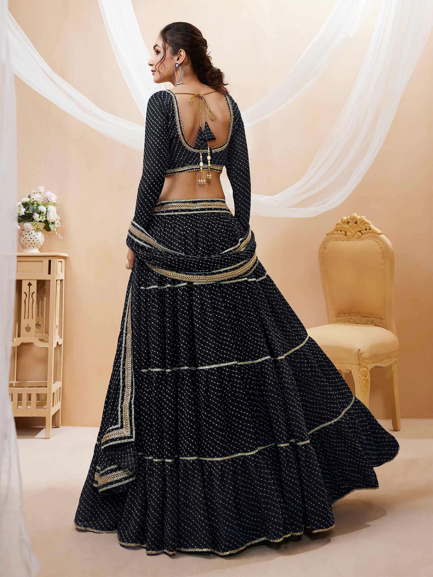 Black Georgette Lehenga Choli In Lehariya Print