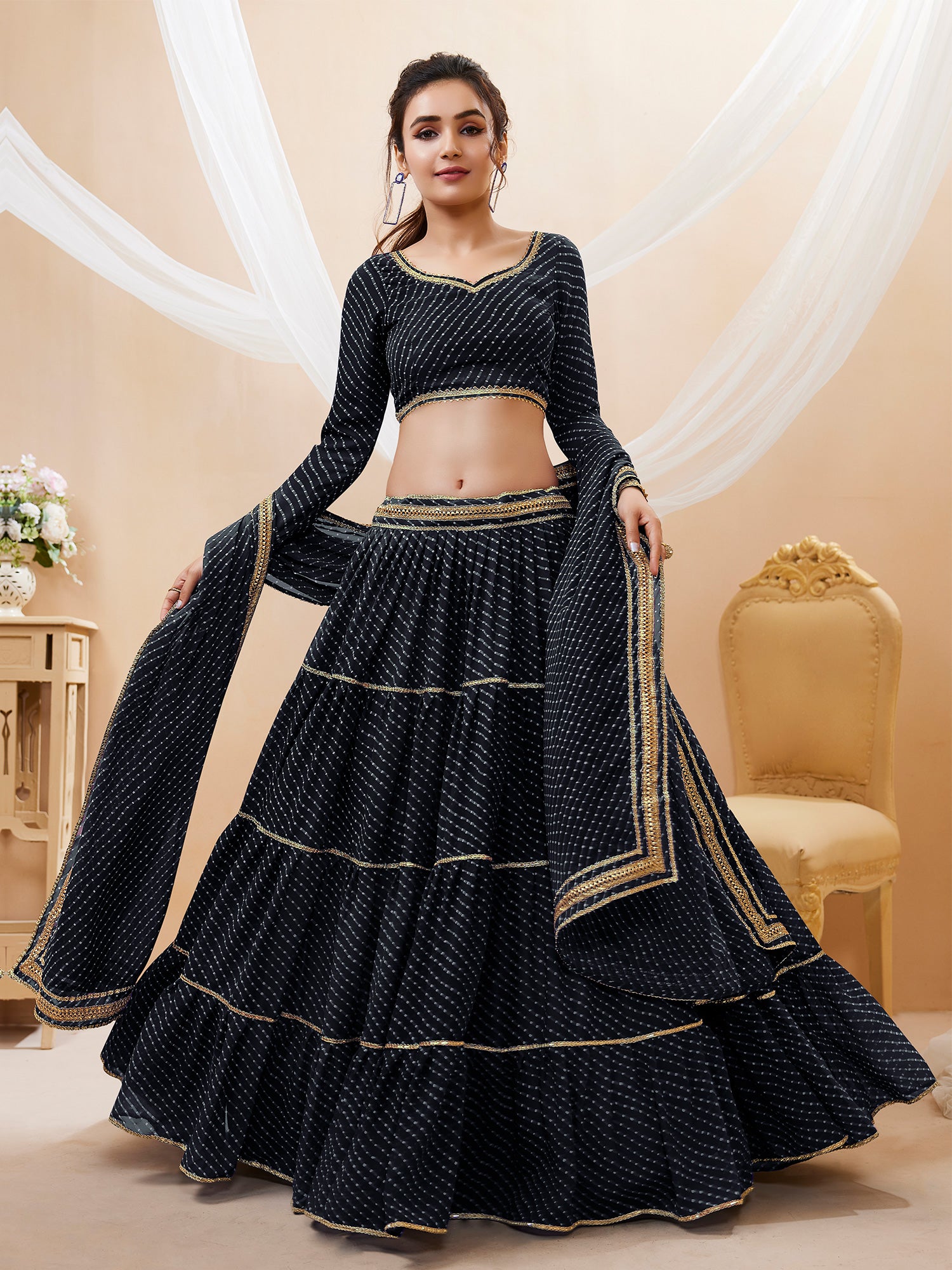 Black Georgette Lehenga Choli In Lehariya Print