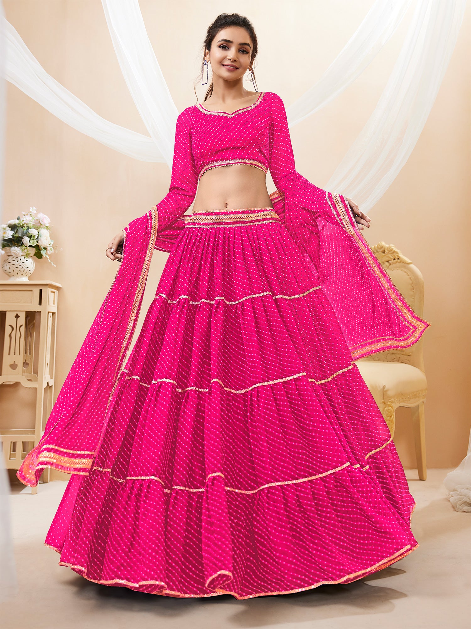 Pink Festive Wear Lehenga Choli In Georgette With Lehariya Print