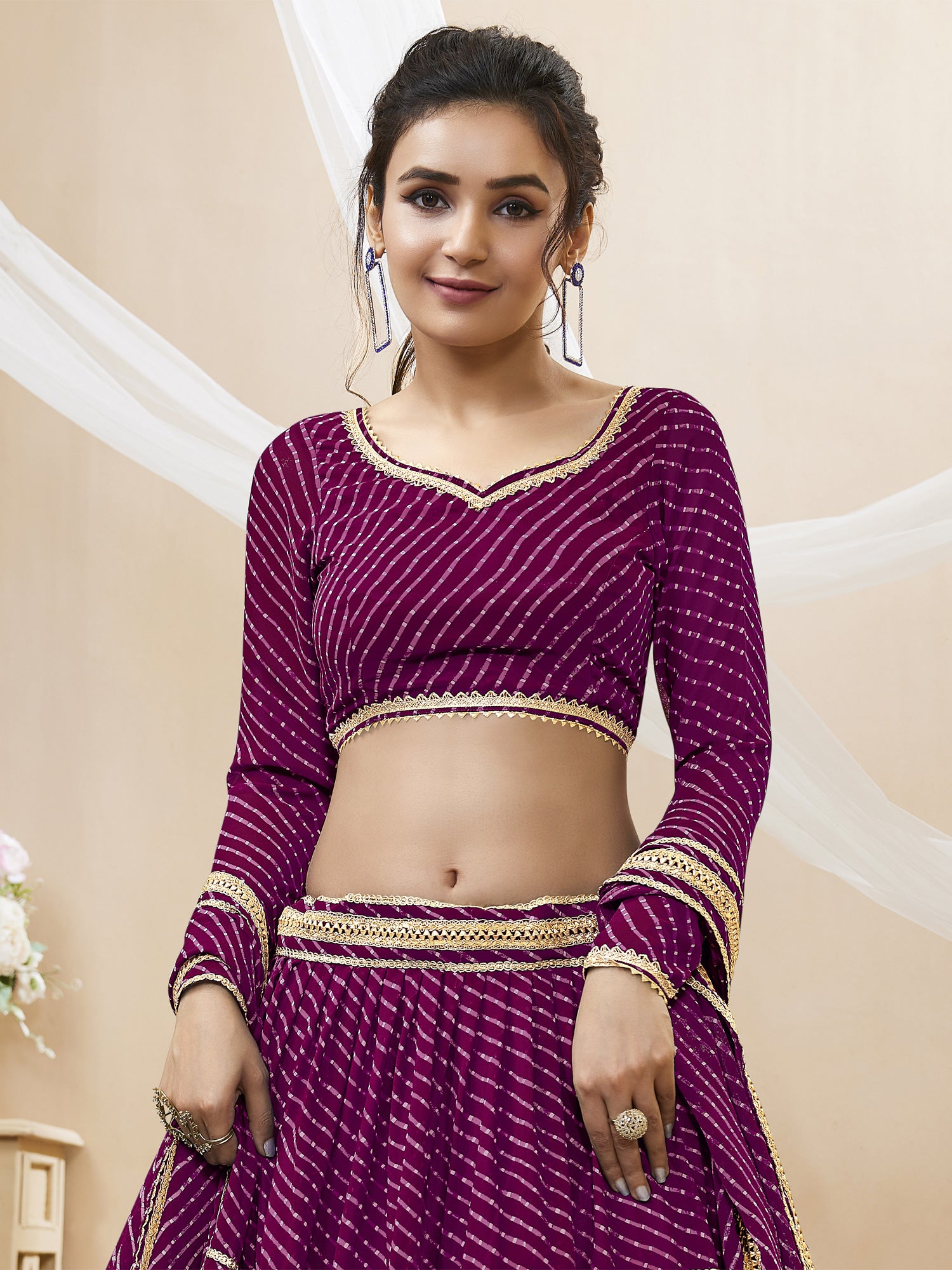 Magenta Lehariya Lehenga Choli In Georgette With Zari Lace