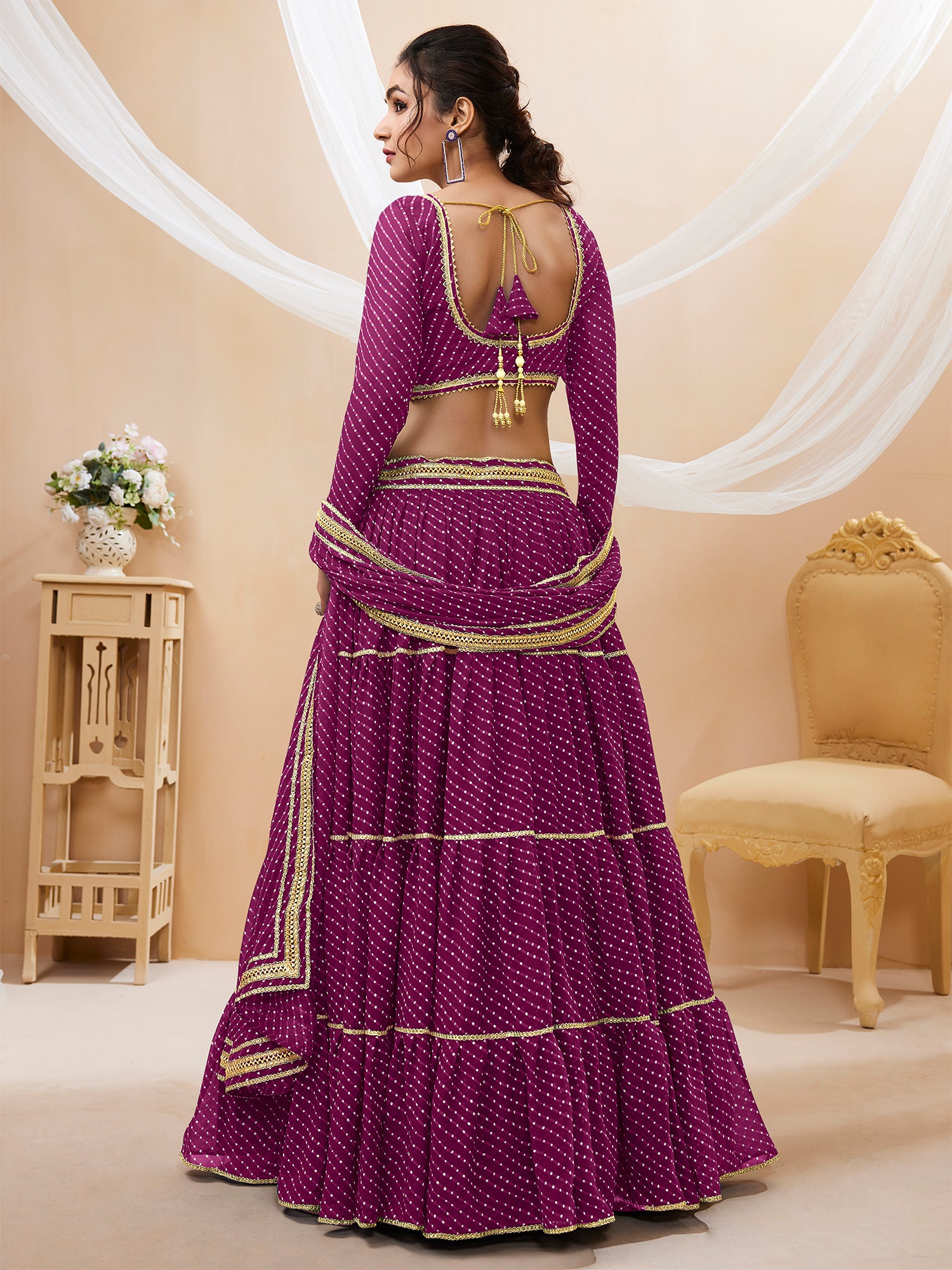 Magenta Lehariya Lehenga Choli In Georgette With Zari Lace