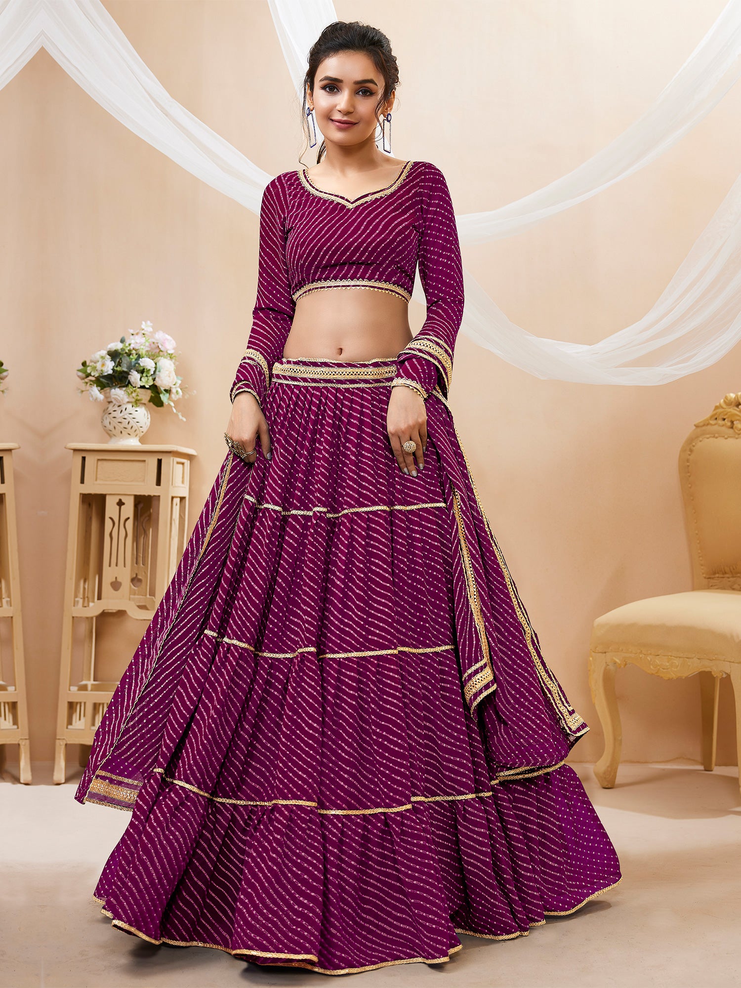 Magenta Lehariya Lehenga Choli In Georgette With Zari Lace