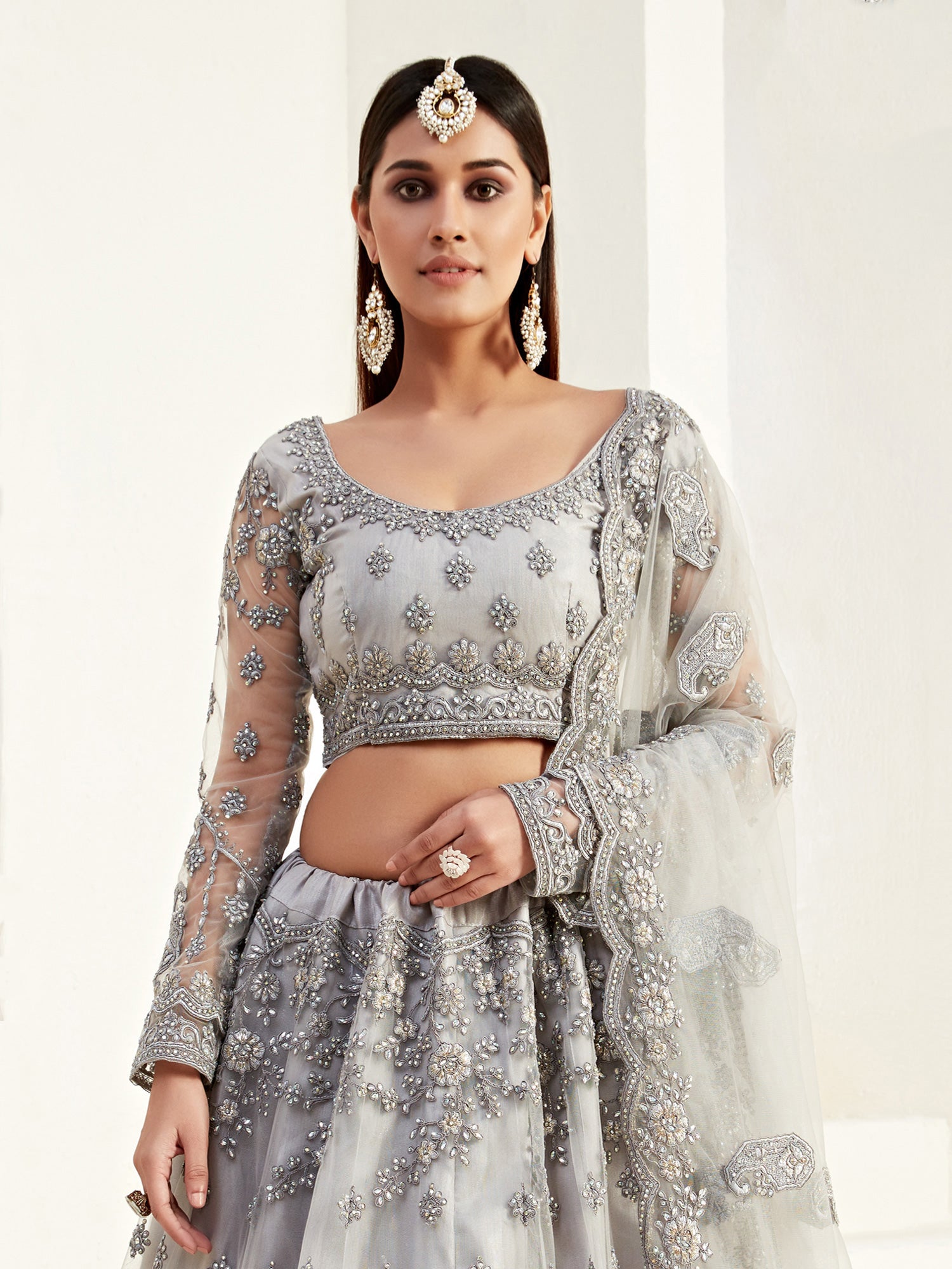 Grey Heavy Stone Embroidered Lehenga Choli In Net