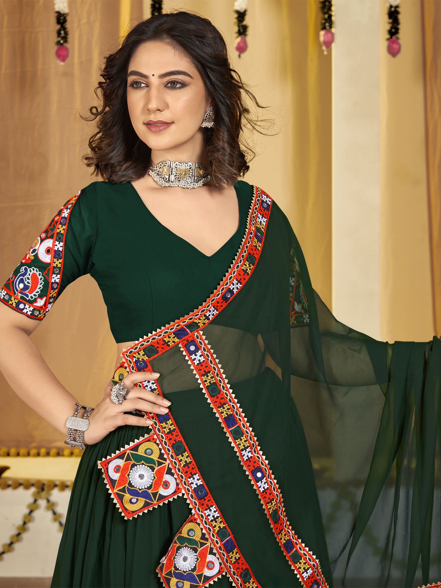 Dark Green Resham Emboridered Navrati Lehenga Choli