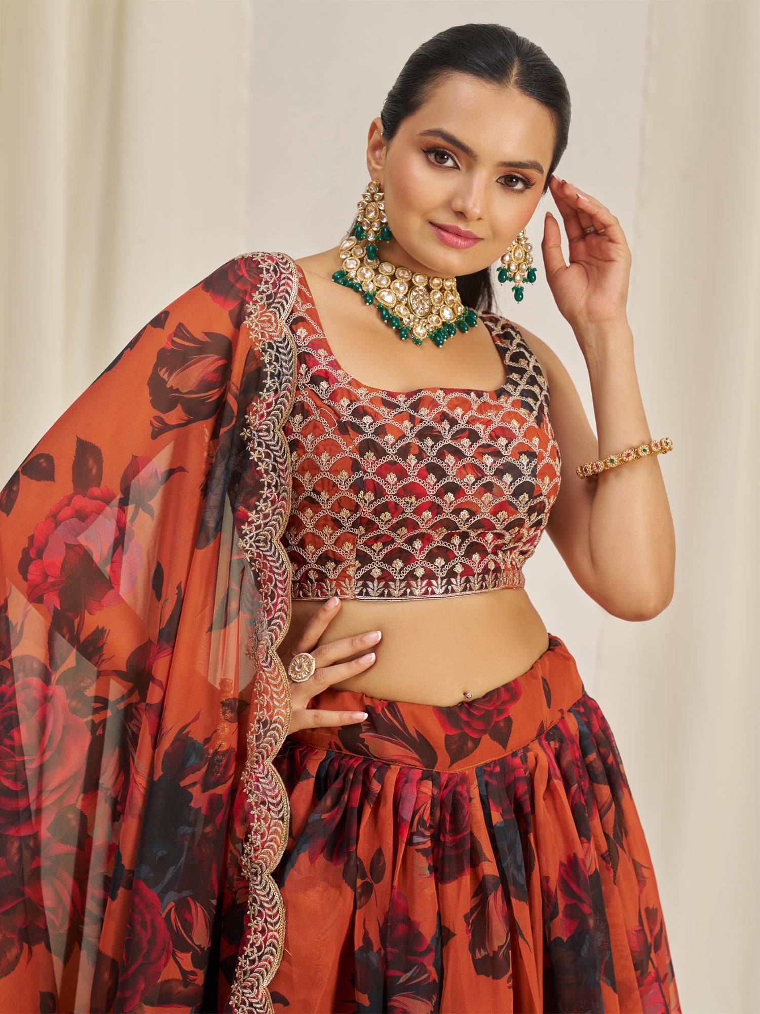 Orange Festive Wear Organza Lehenga Choli
