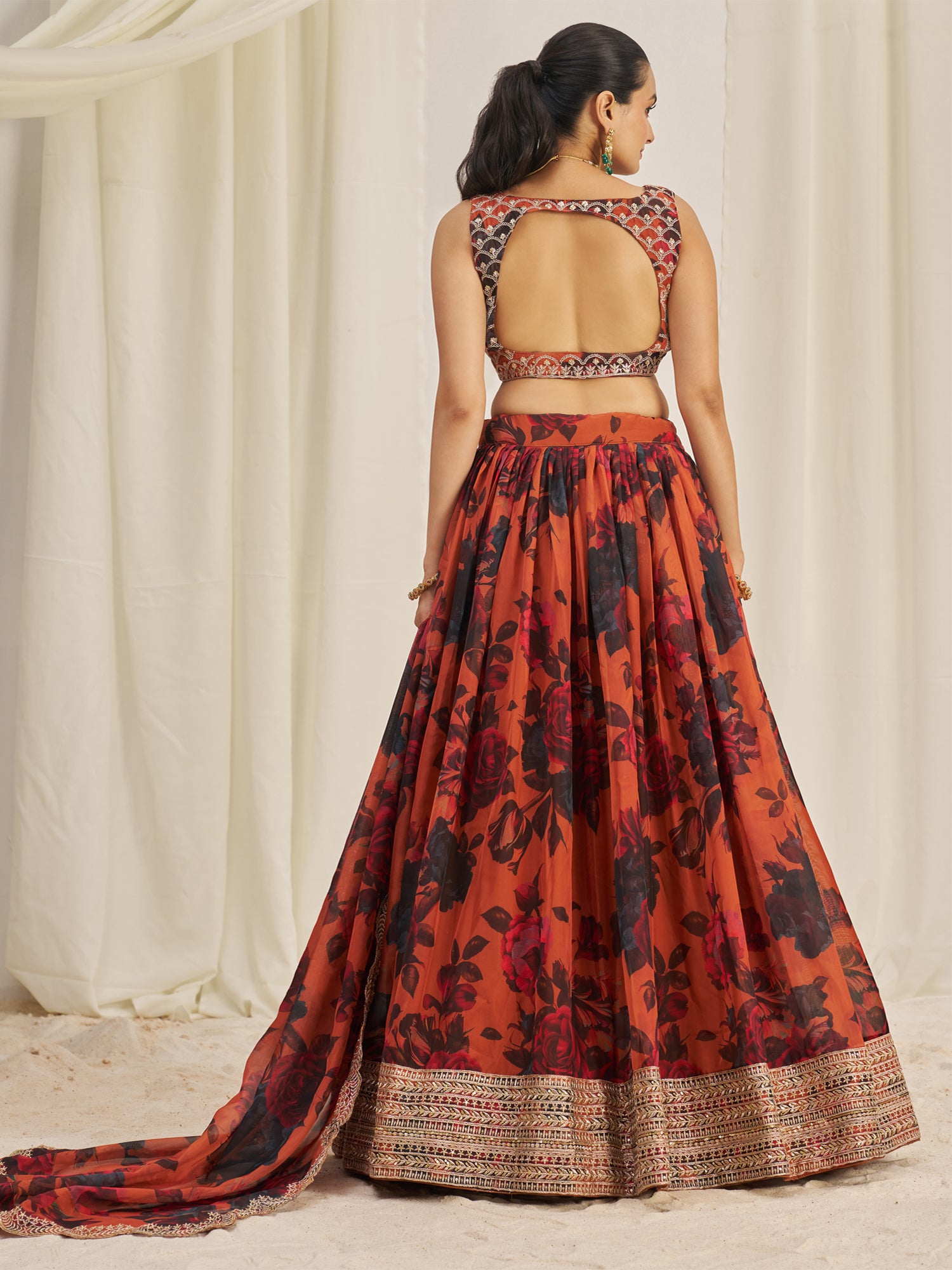 Orange Festive Wear Organza Lehenga Choli
