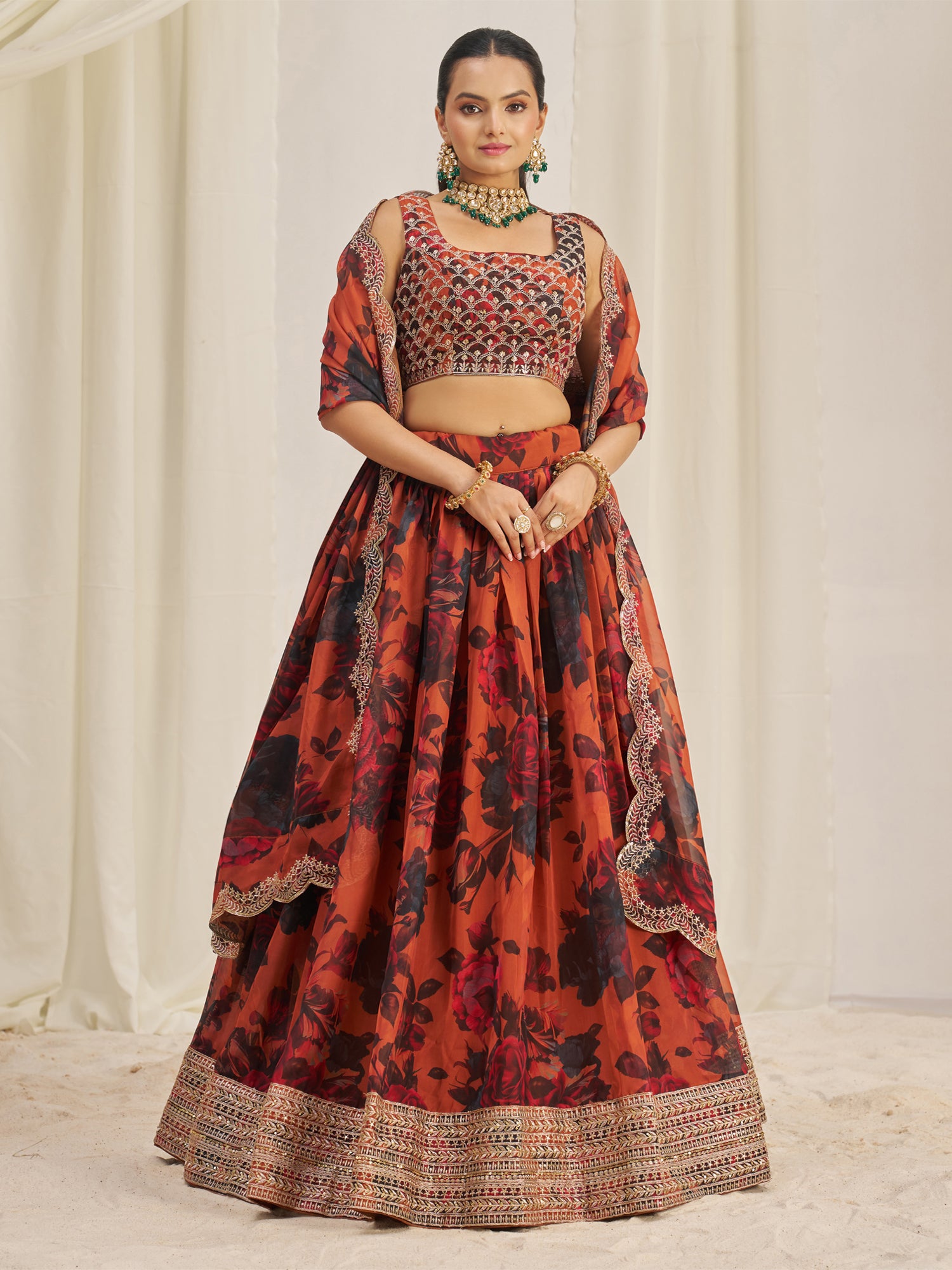 Orange Festive Wear Organza Lehenga Choli