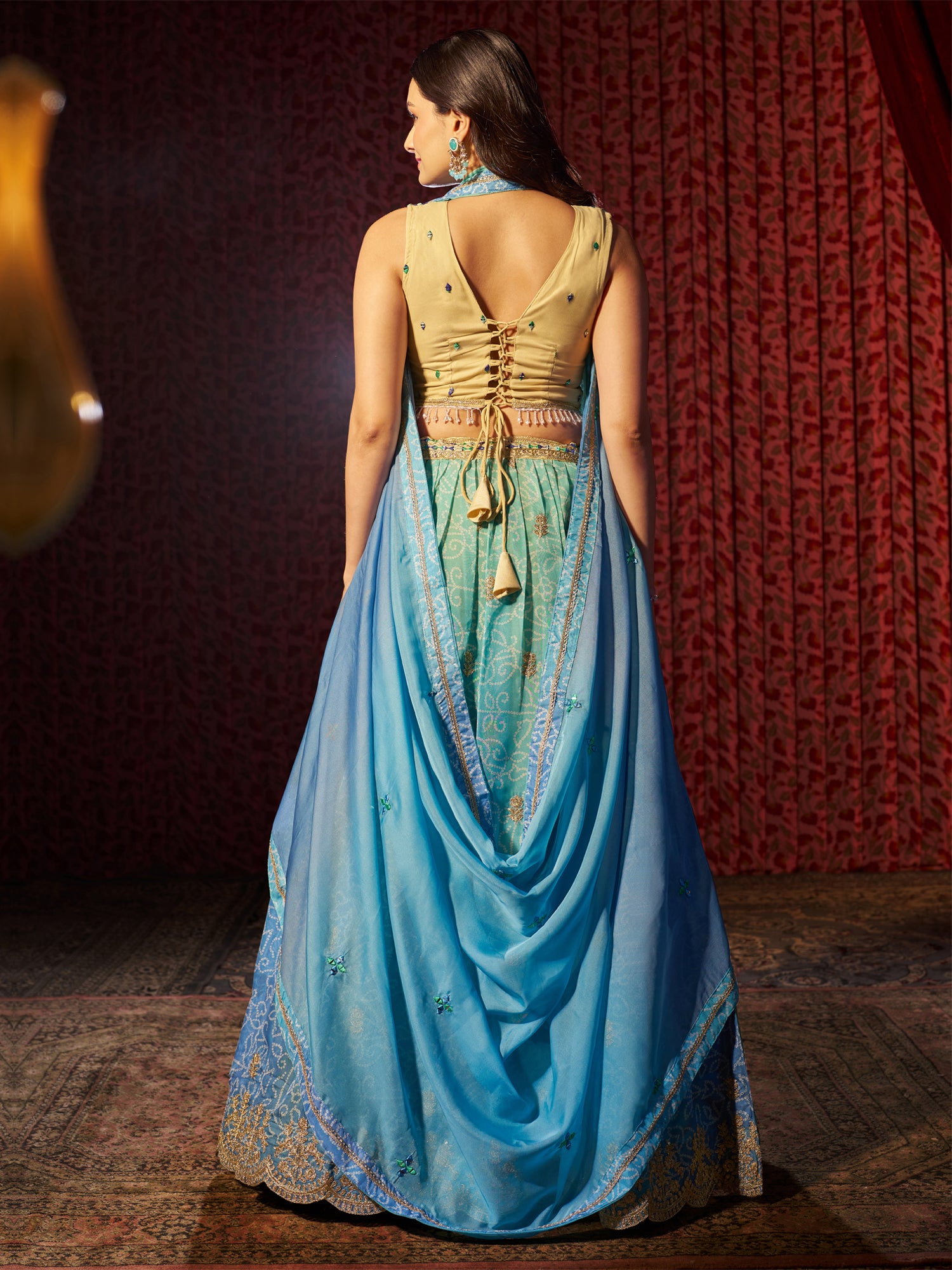 Blue Ombre Shaded Lehenga Choli In Bandhani Print