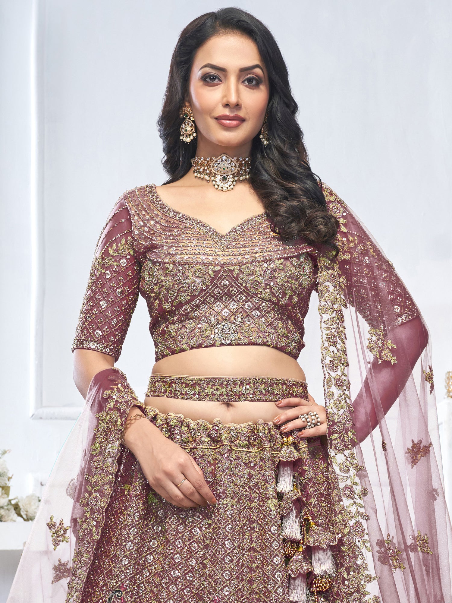 Mauve Zari Embellished Traditional Lehenga Set