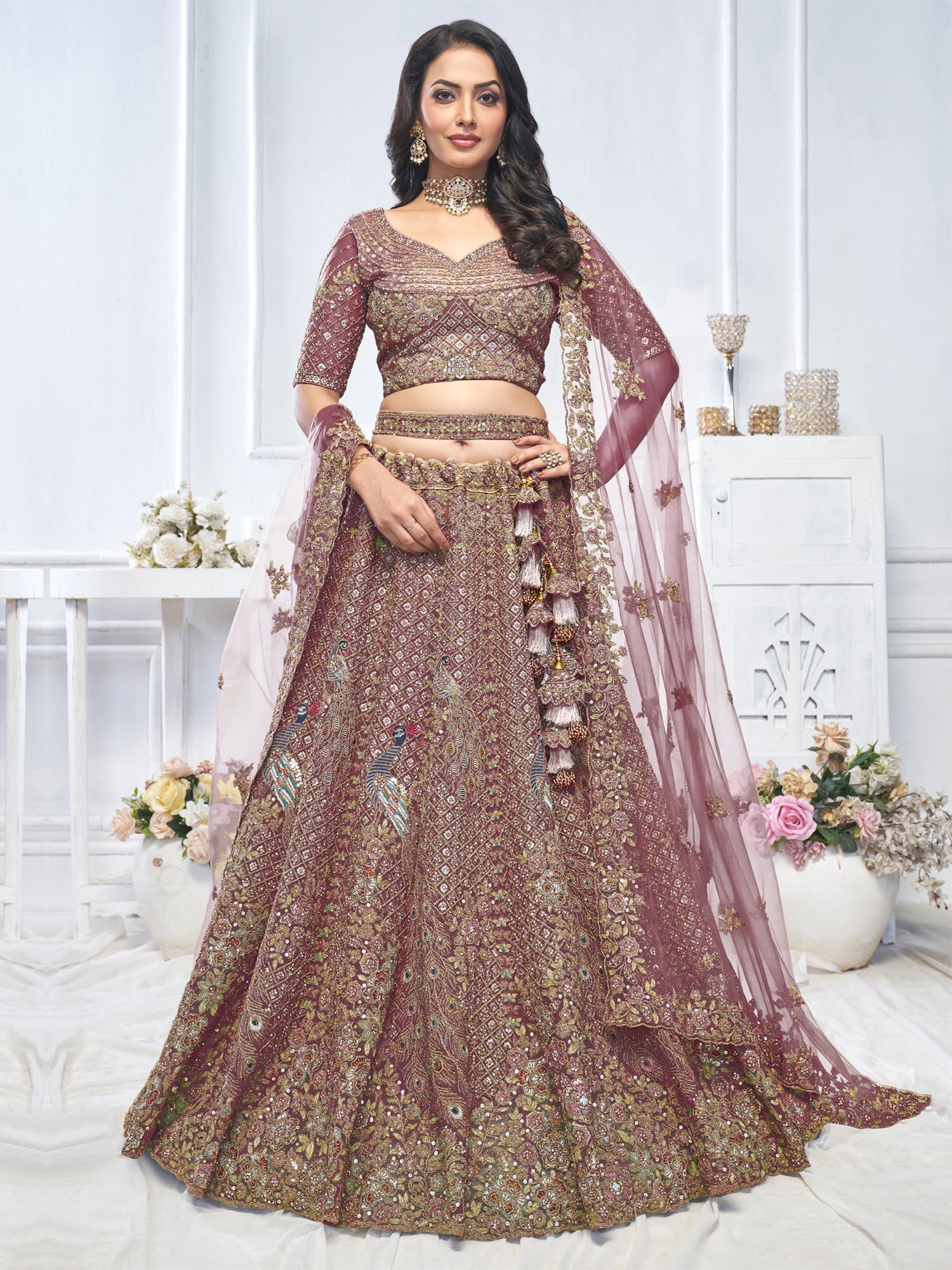 Mauve Zari Embellished Traditional Lehenga Set