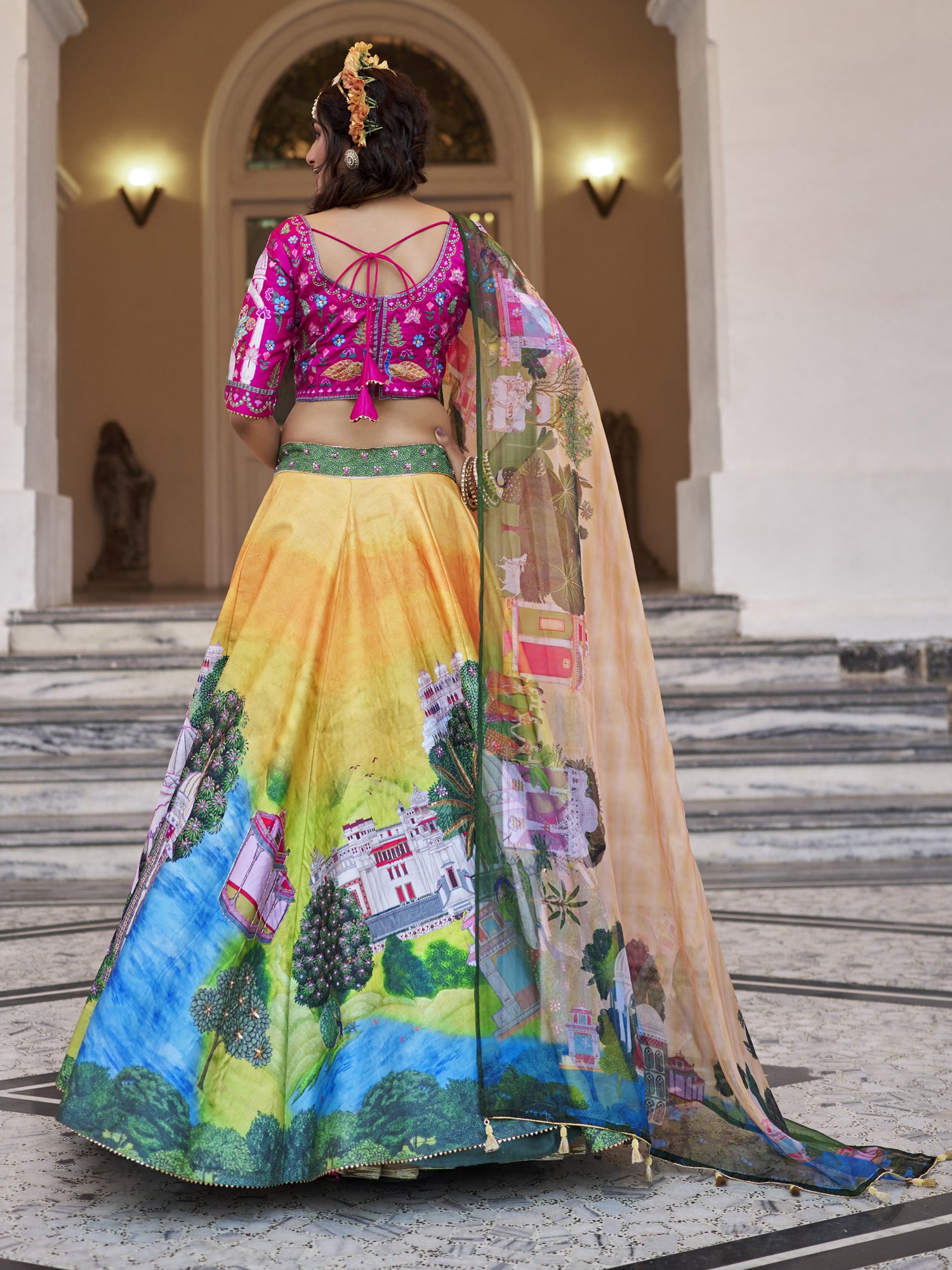 Yellow Art Silk Festive Lehenga Set In Hand Work