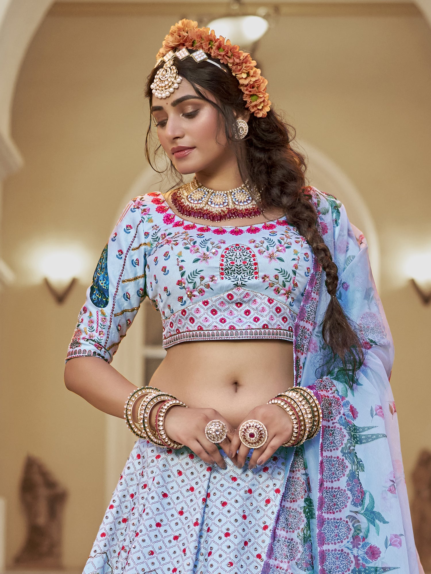 Misty Blue Traditional Lehenga Choli In Print