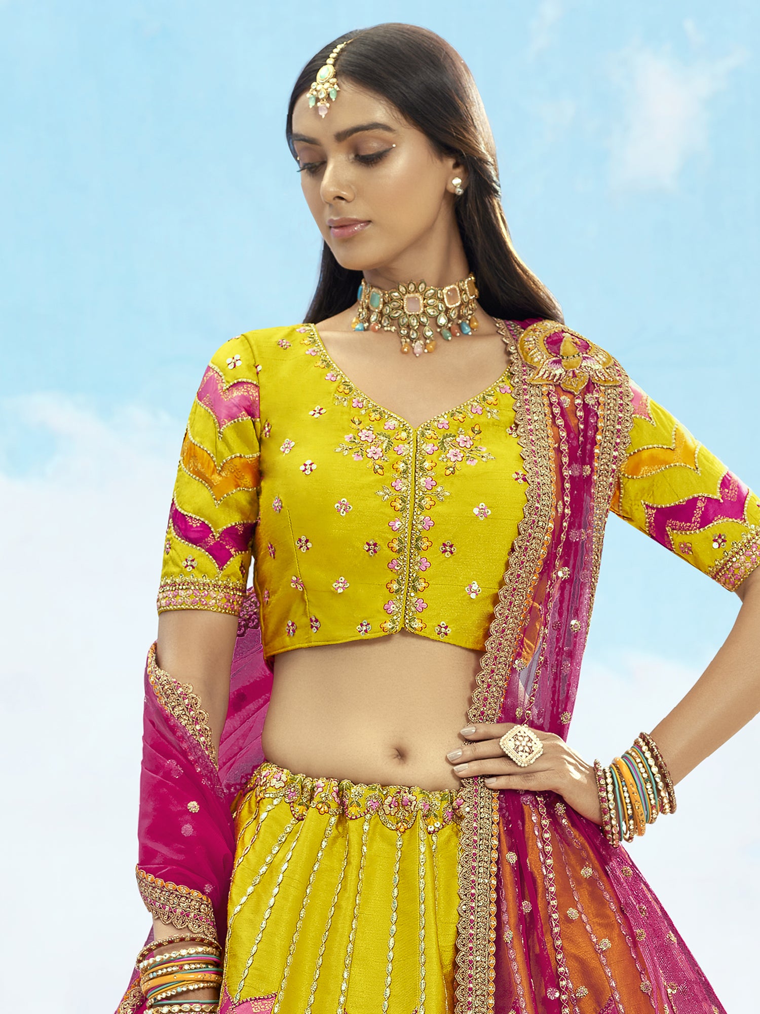 Yellow Heavy Floral Embroidered Lehenga Choli Set