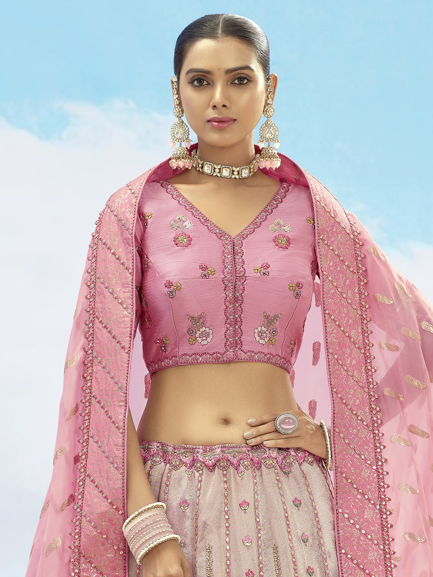 Pink Traditional Wear Zari Woven Lehenga Choli