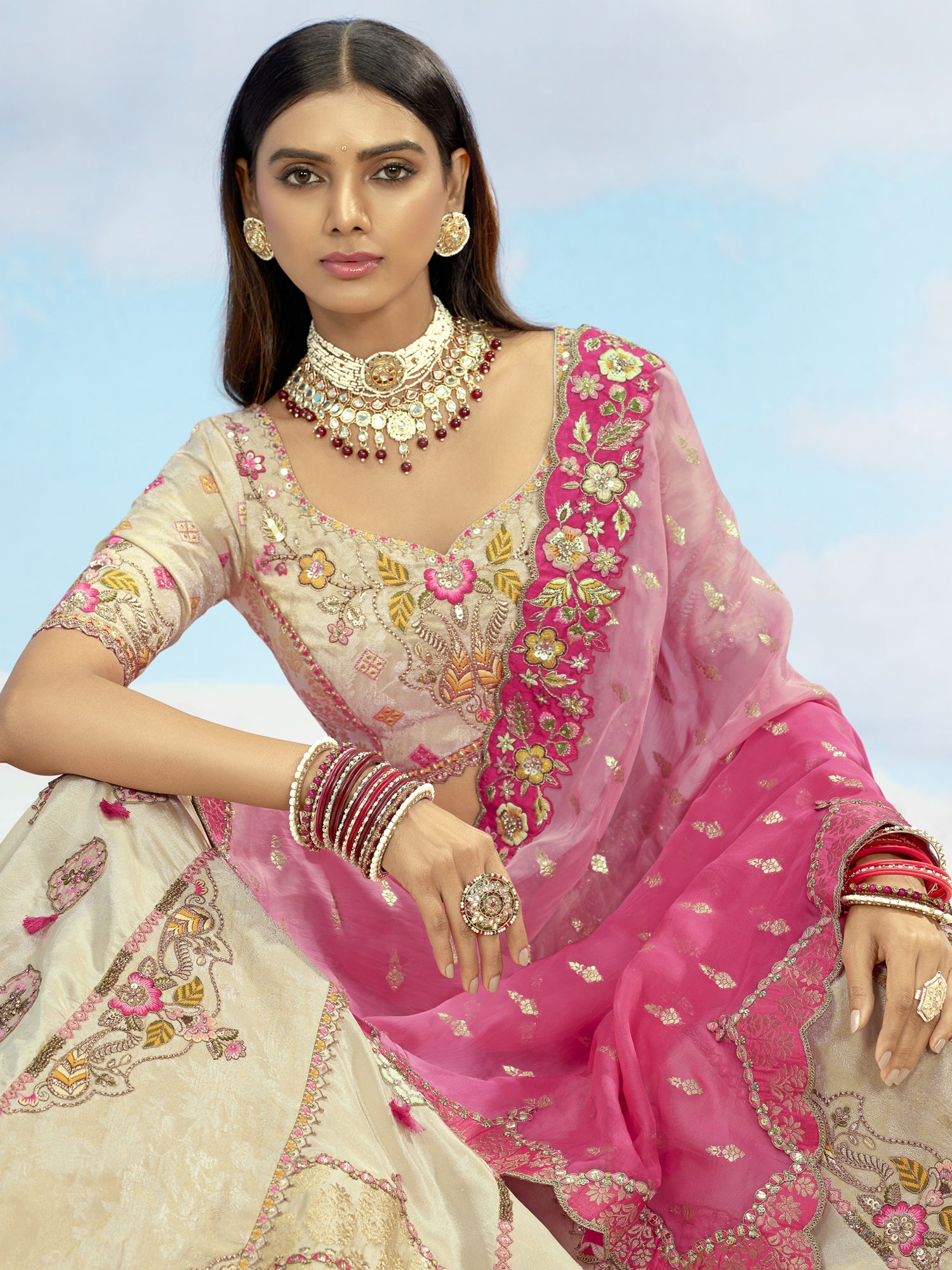 Beige Wedding Lehenga Set With Georgette Dupatta