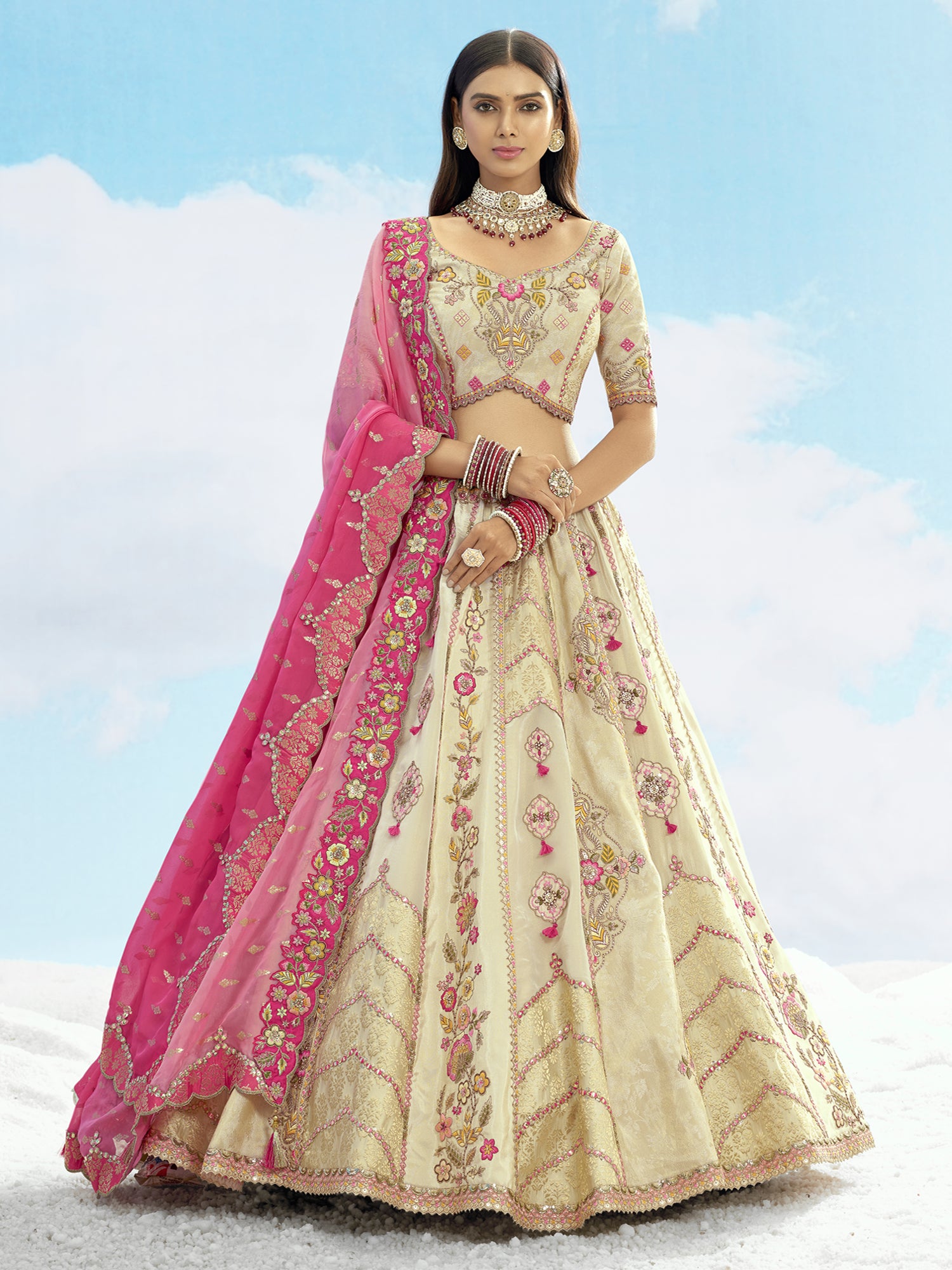Beige Wedding Lehenga Set With Georgette Dupatta