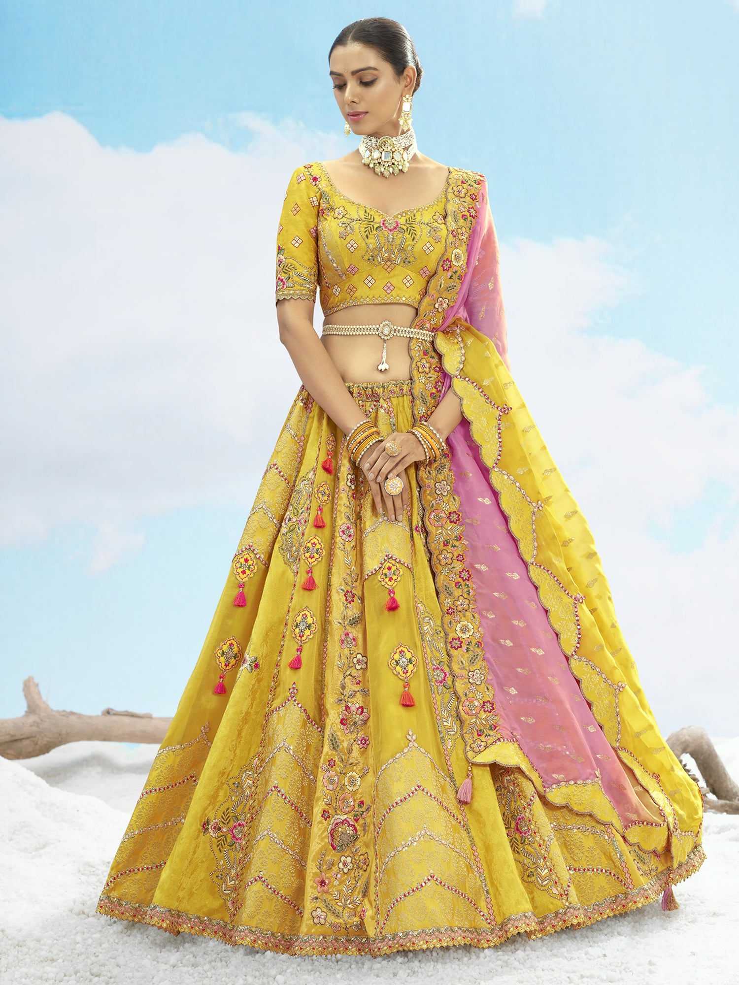 Yellow Designer Silk Lehenga Choli In Heavy Thread Work