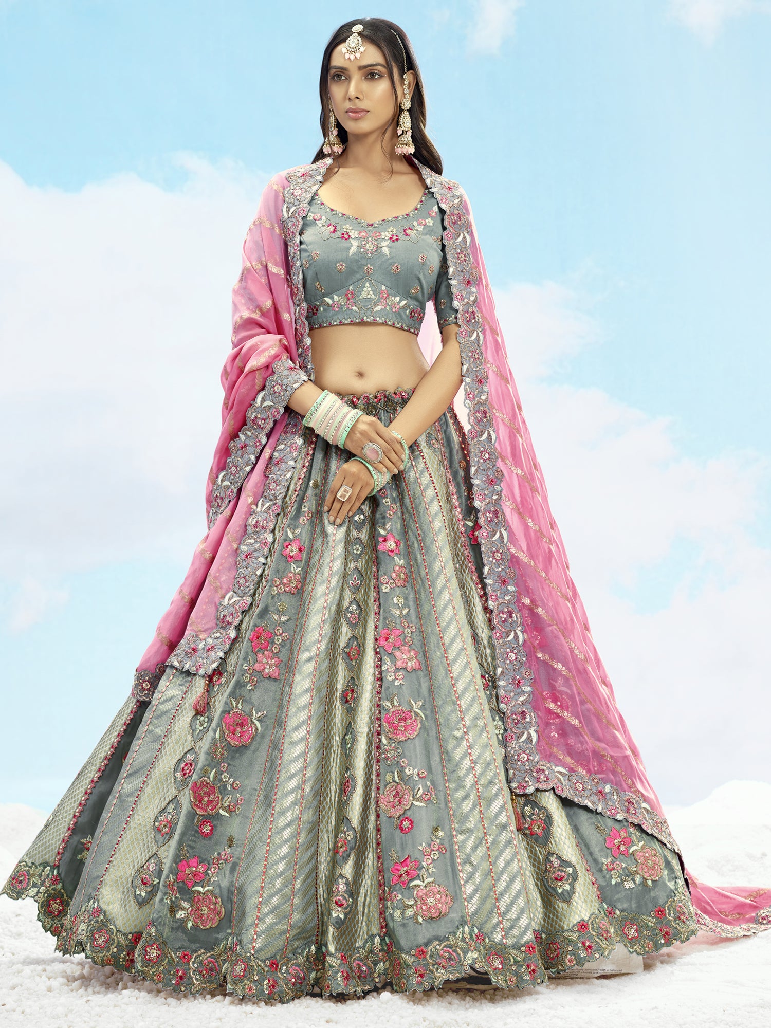 Grey Silk Lehenga Set In Floral Thread Embellishment