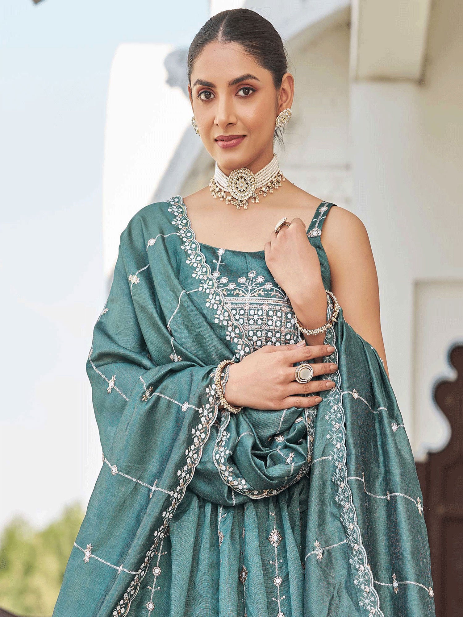 Teal Blue Lehenga Choli In Silk With Zari Work