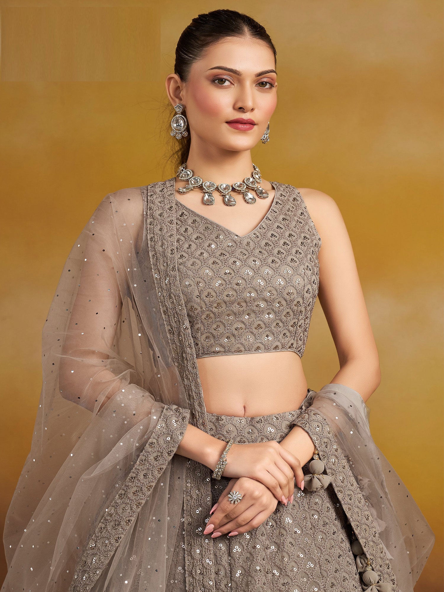 Brown Sequins Enhanced Georgette Lehenga Choli Set