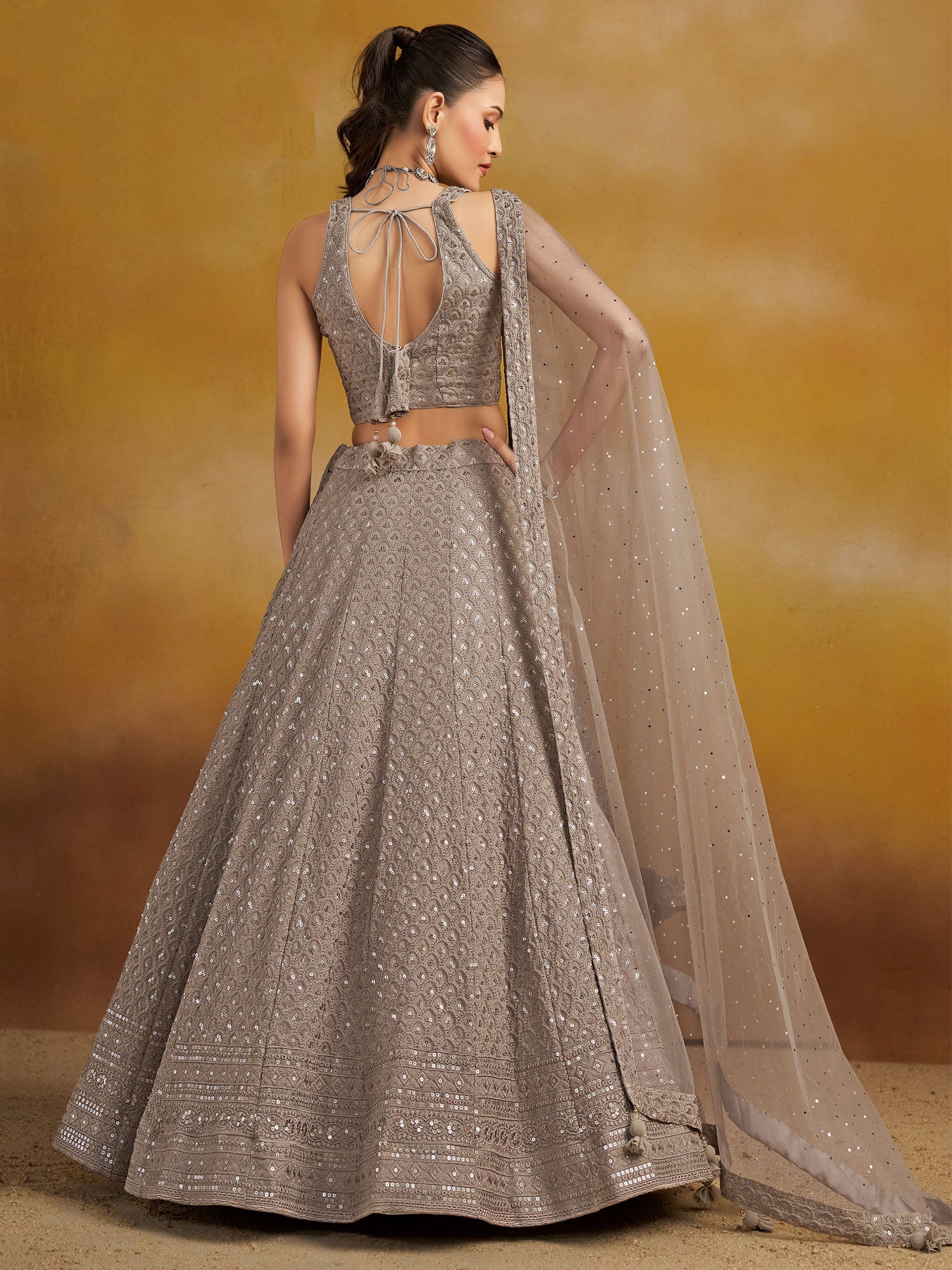 Brown Sequins Enhanced Georgette Lehenga Choli Set