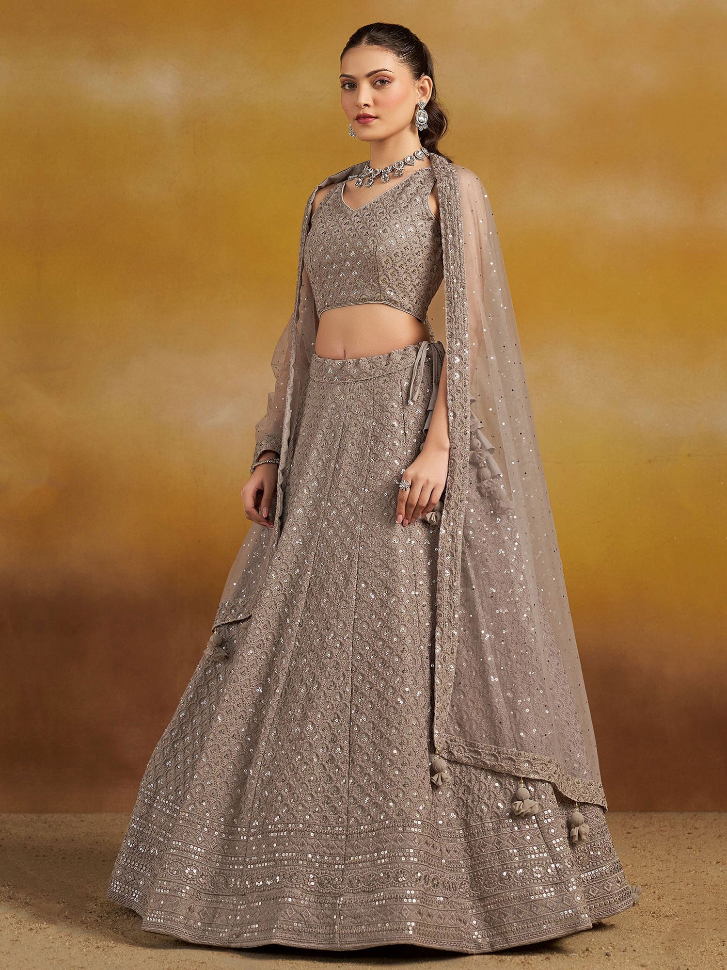 Brown Sequins Enhanced Georgette Lehenga Choli Set