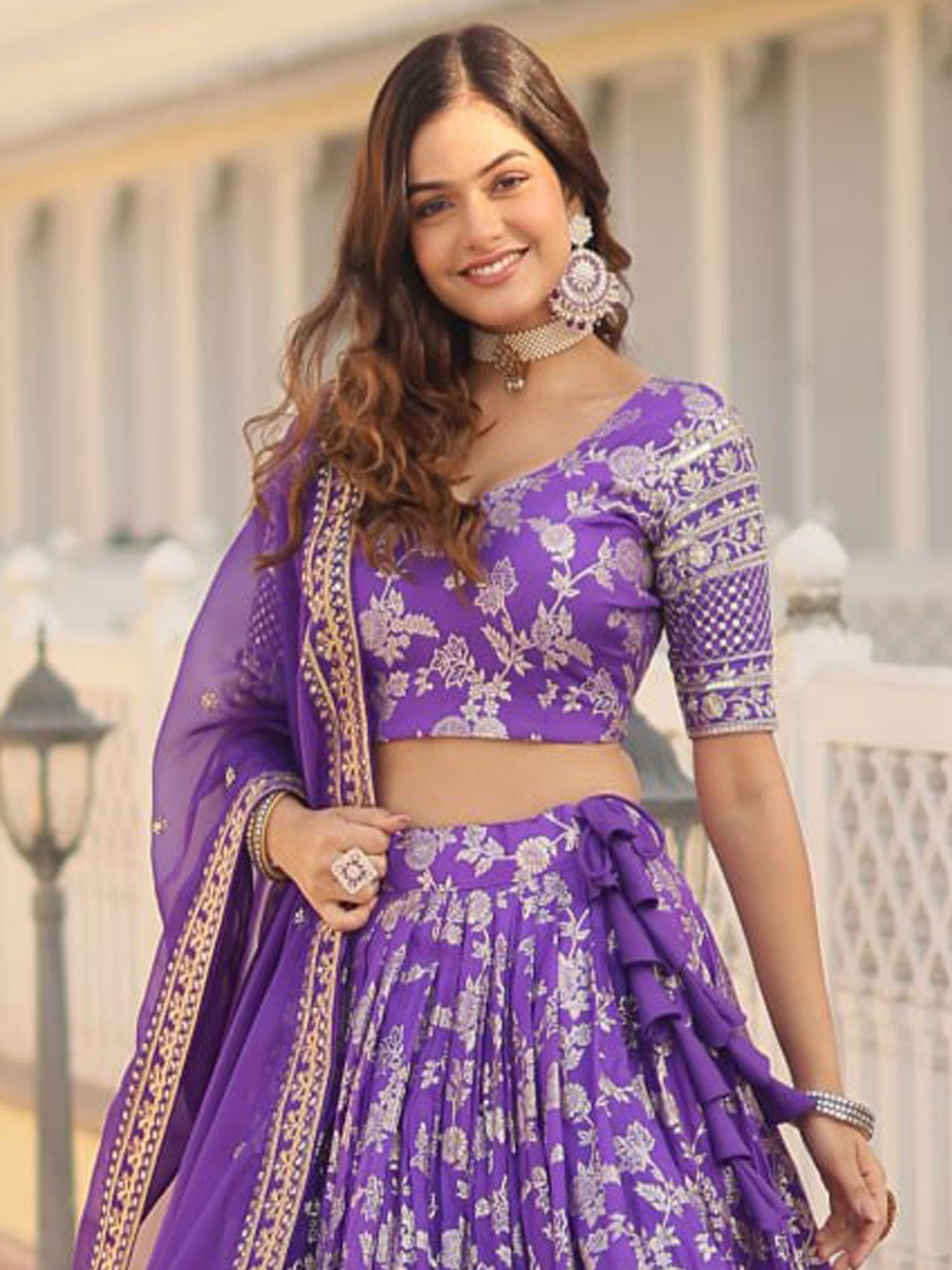Purple Lehenga Set With Sequins Embroiederd In Jacquard