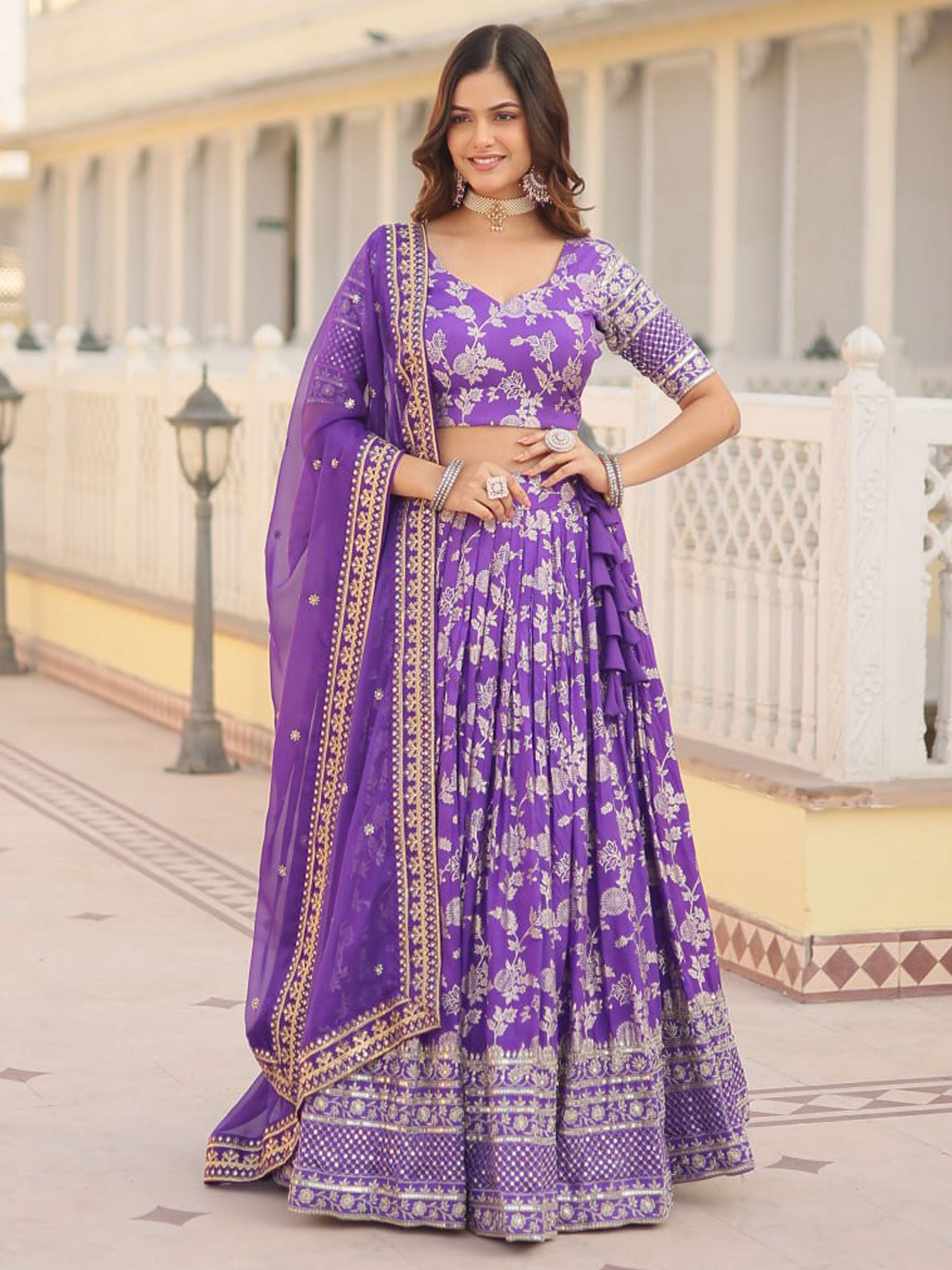 Purple Lehenga Set With Sequins Embroiederd In Jacquard