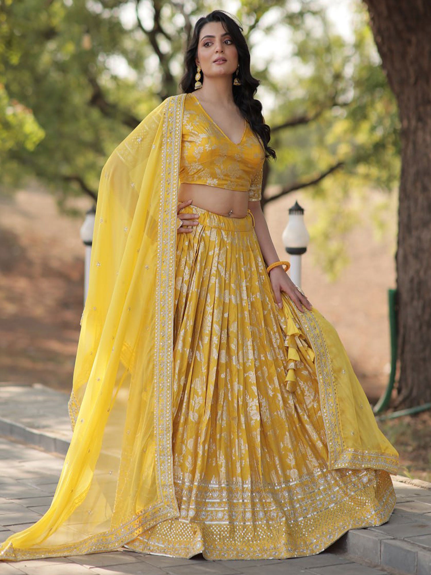 Yellow Embroidered Festive Lehenga Choli Set