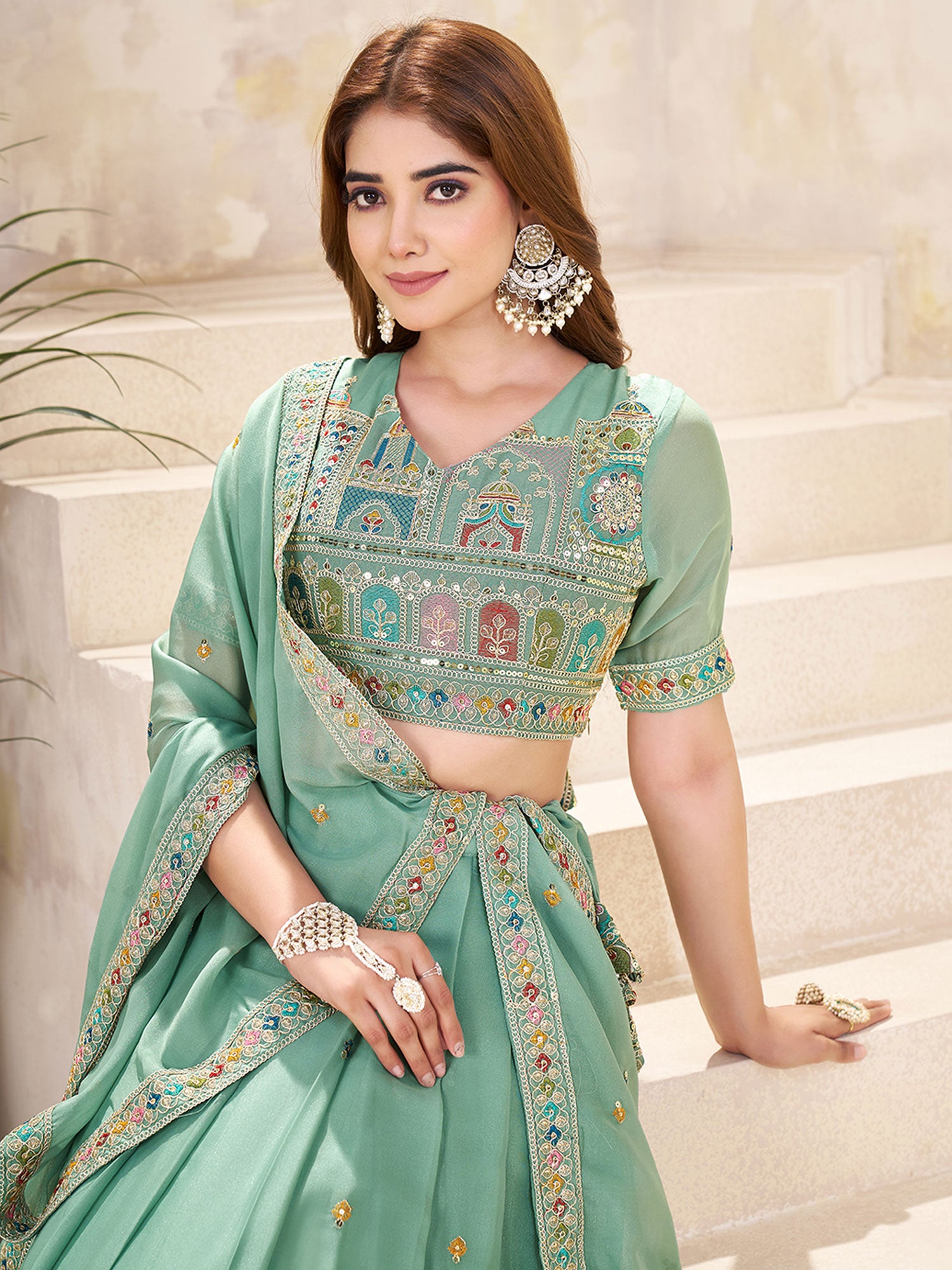 Mint Green Sequins Augmented Lehenga Set