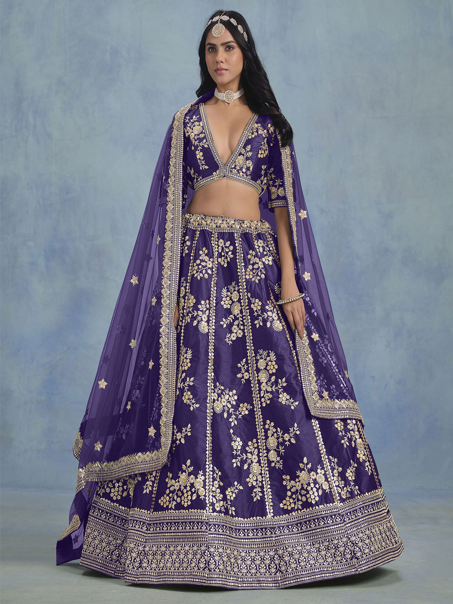 Royal Purple Party Wear Lehenga Set With Net Dupatta