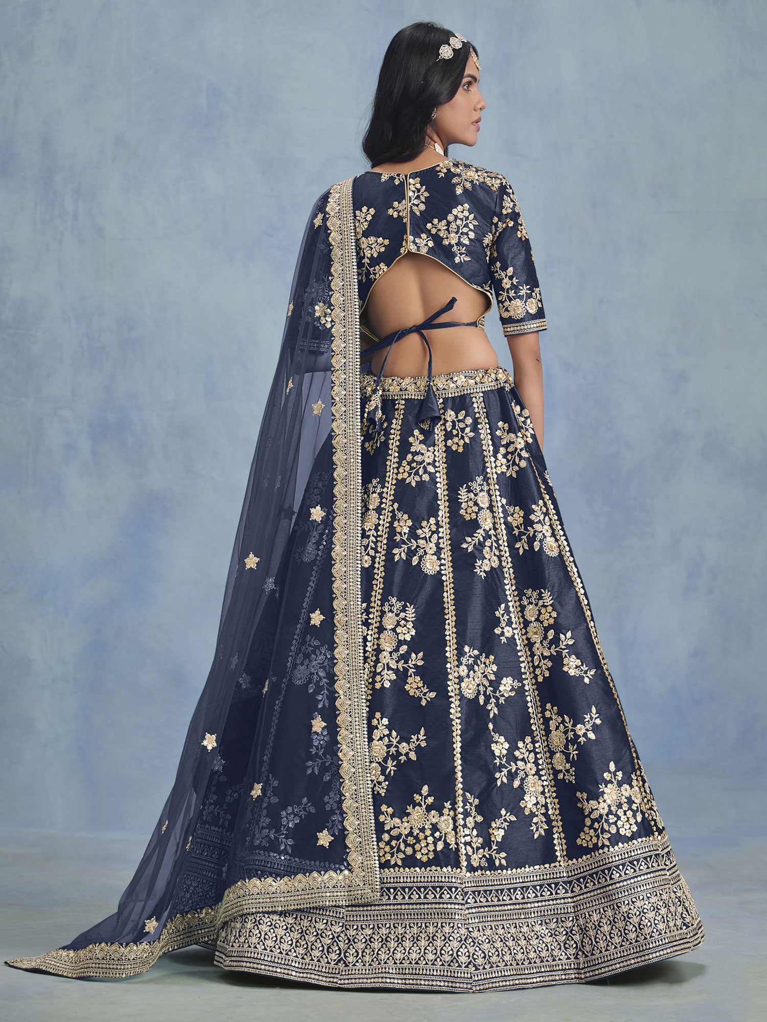 Navy Blue Zari Work Festive Lehenga Choli In Silk