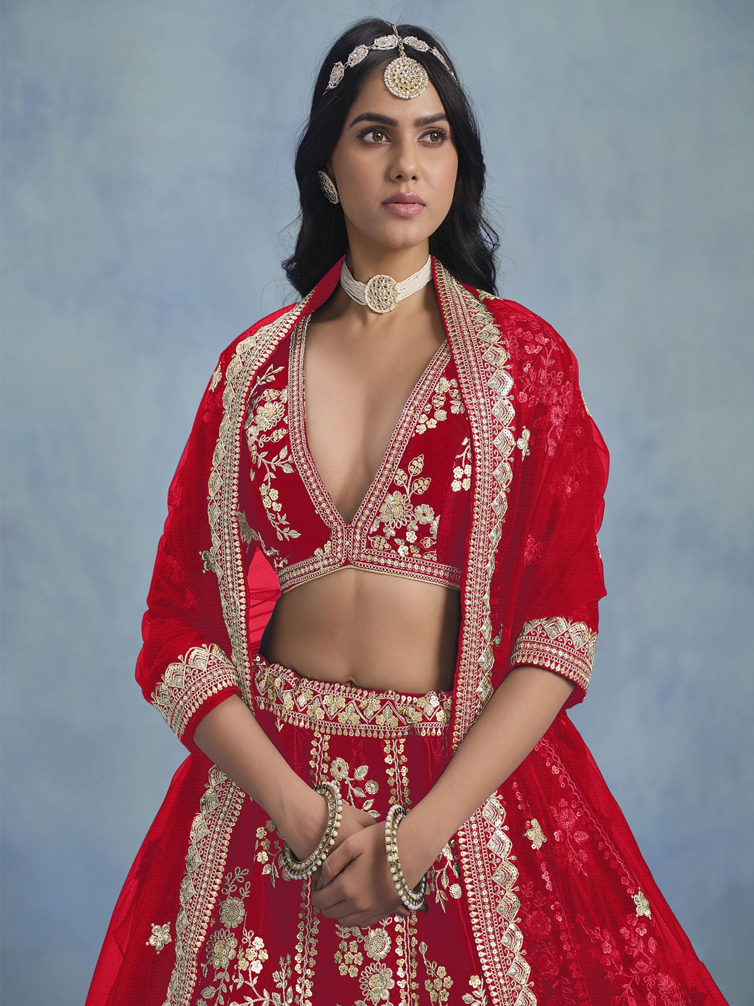 Bright Red Sequins Enhanced Art Silk Lehenga Choli