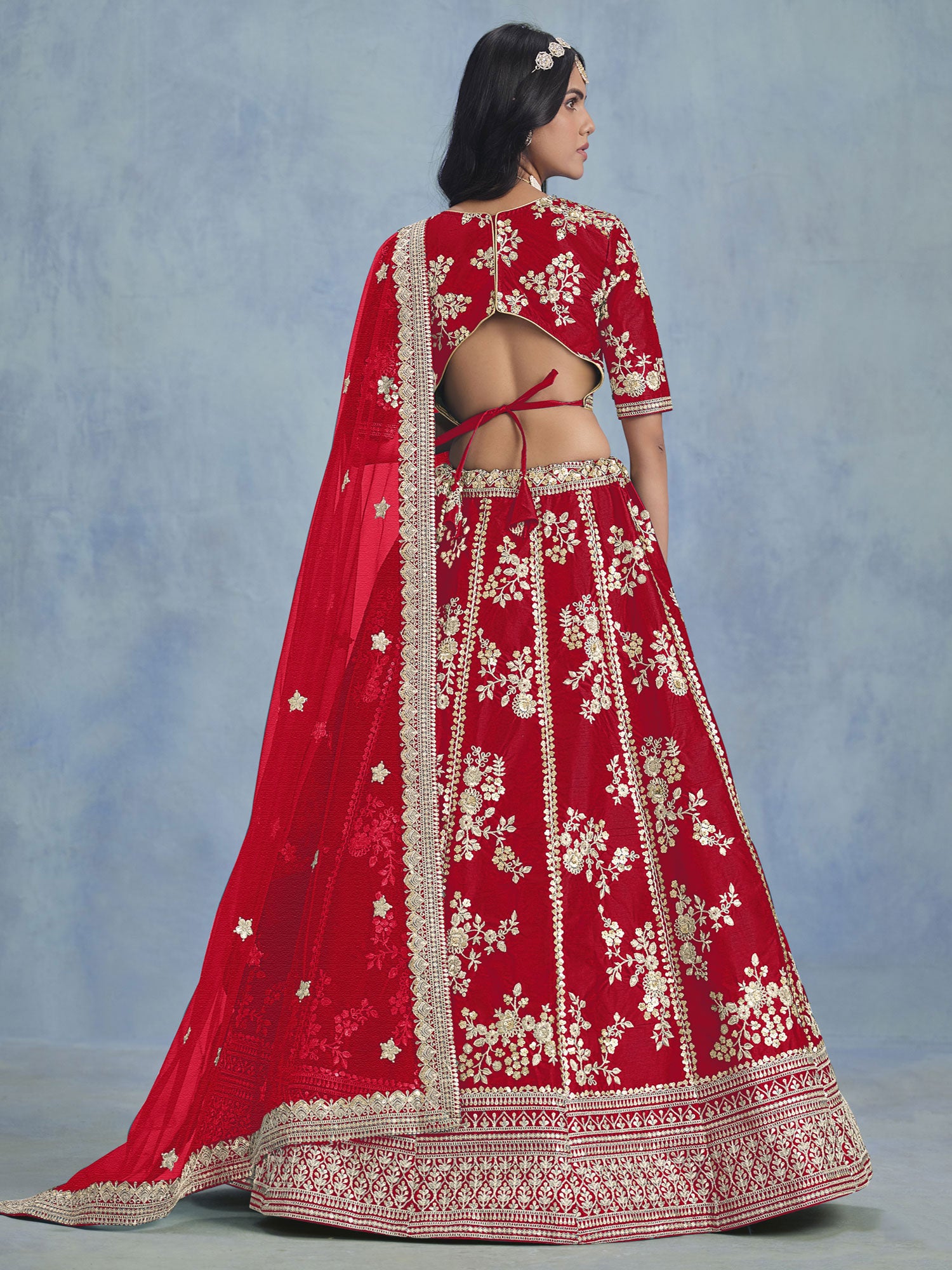 Bright Red Sequins Enhanced Art Silk Lehenga Choli