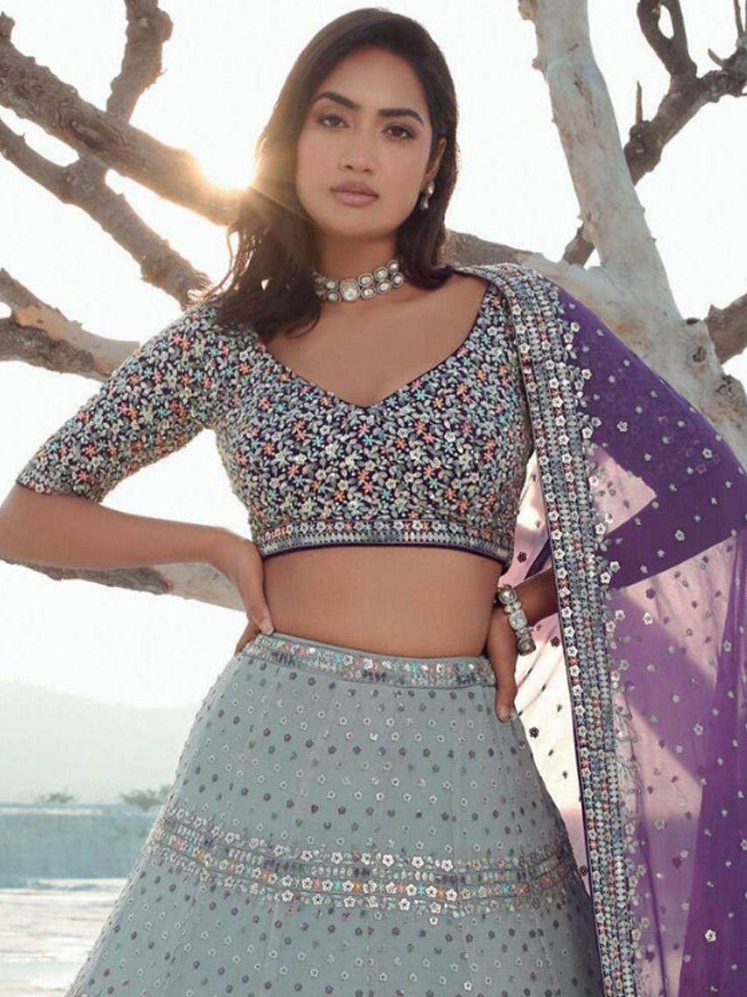 Grey Sequins Augmented Party Lehenga Set