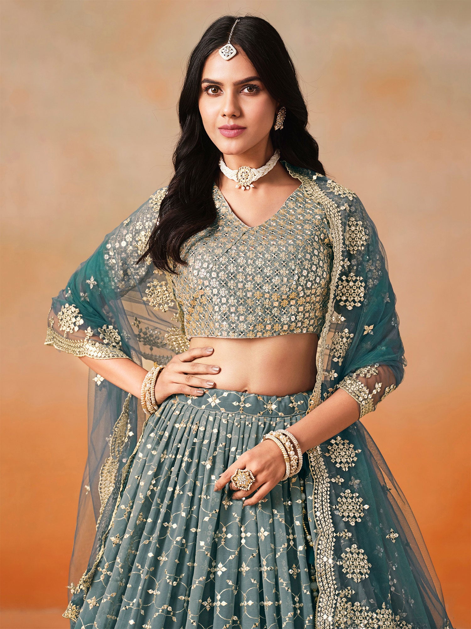 Blue Heavy Embroidered Shaded Lehenga Choli
