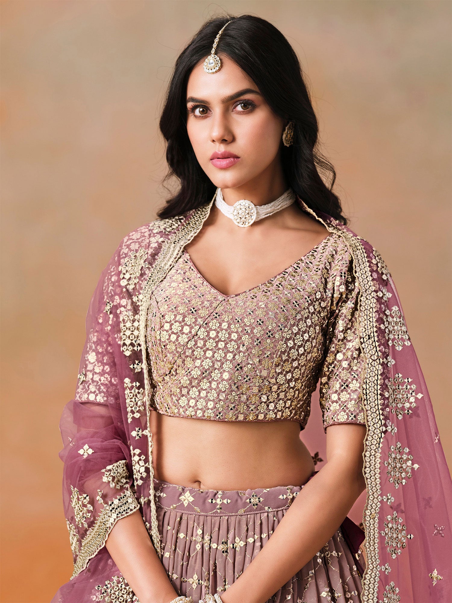 Wine And Mauve Sequins Enhanced Party Lehenga Set