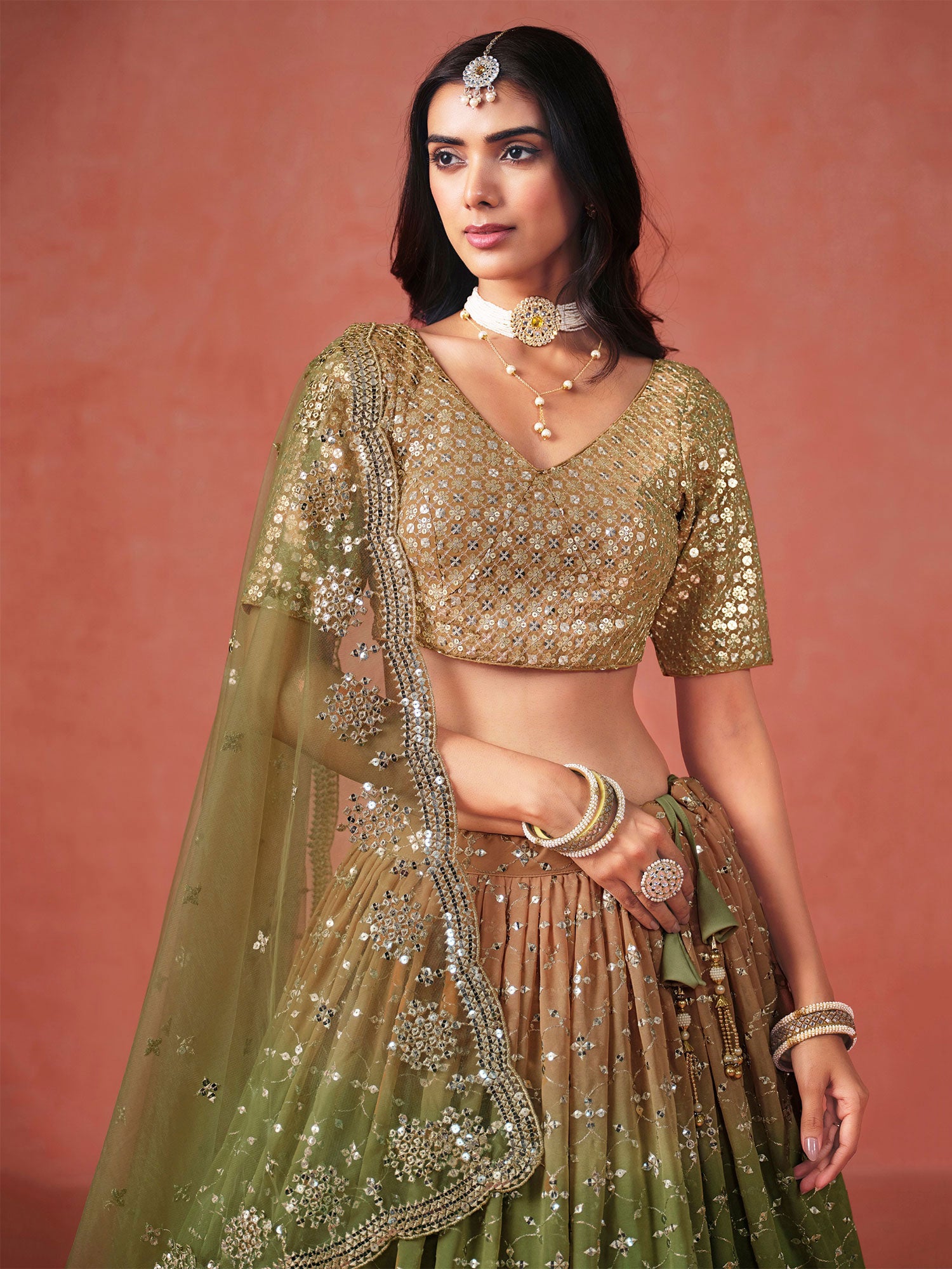 Brown And Green Shaded Lehenga Choli In Georgette