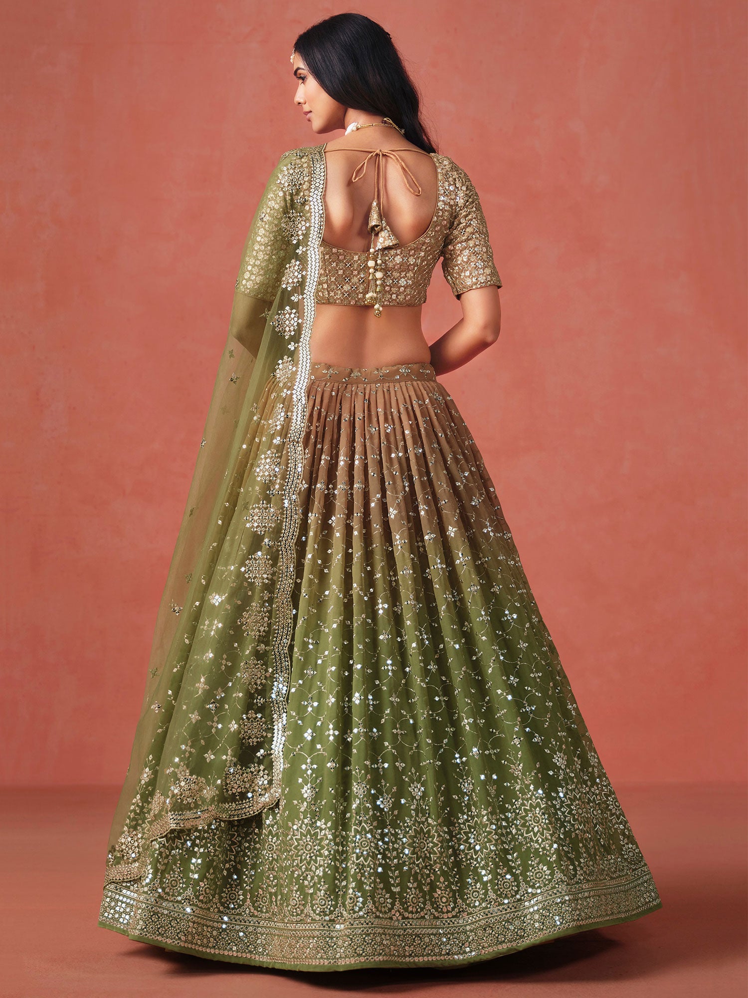 Brown And Green Shaded Lehenga Choli In Georgette