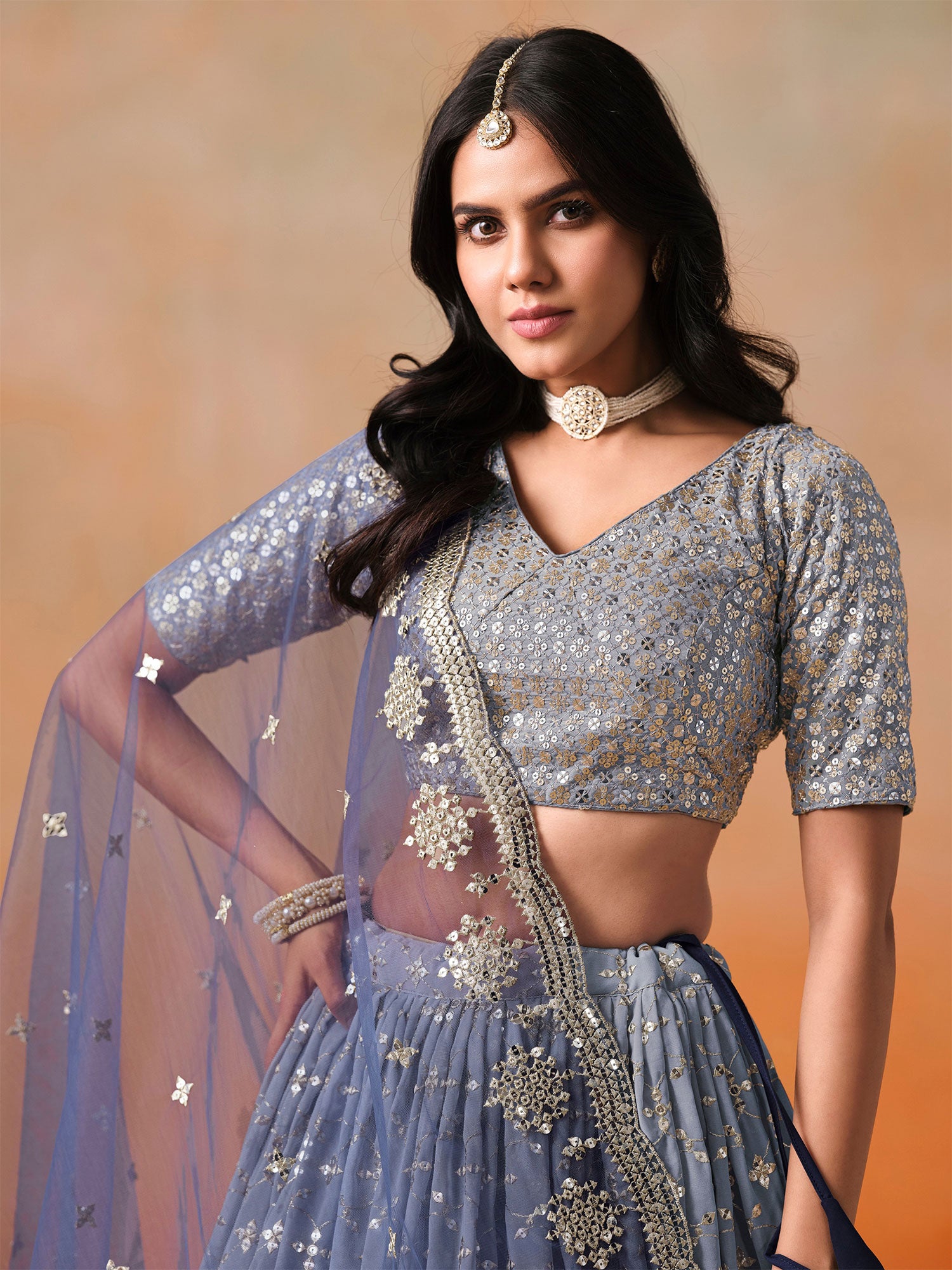 Blue Embroidered Wedding Lehenga Choli With Dupatta