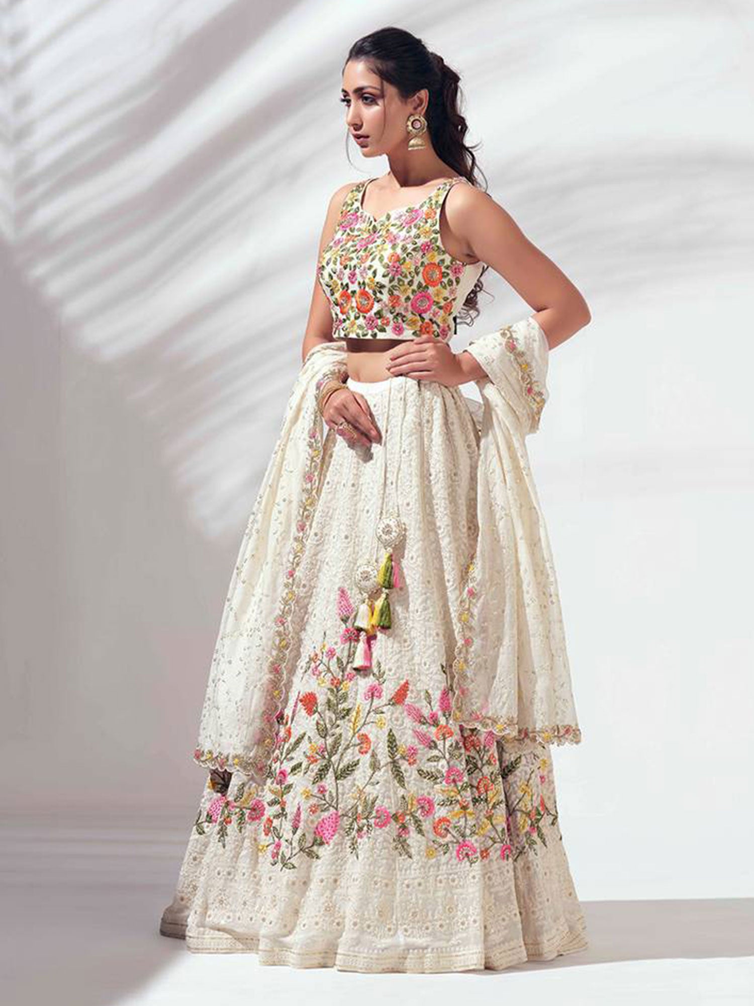 White Bridesmaid Lehenga Set With Floral Embellishment