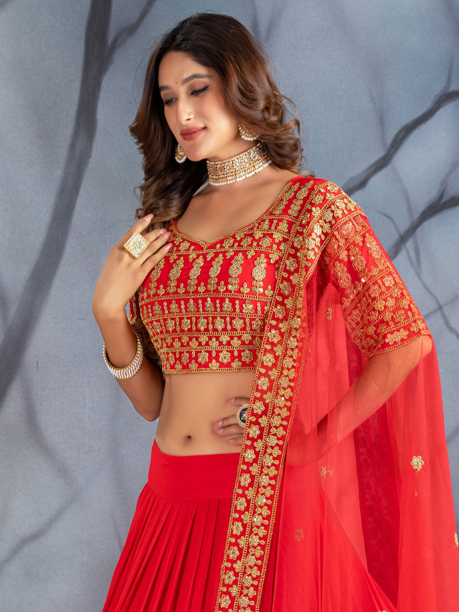 Bright Red Embroidered Georgette Lehenga Choli Set
