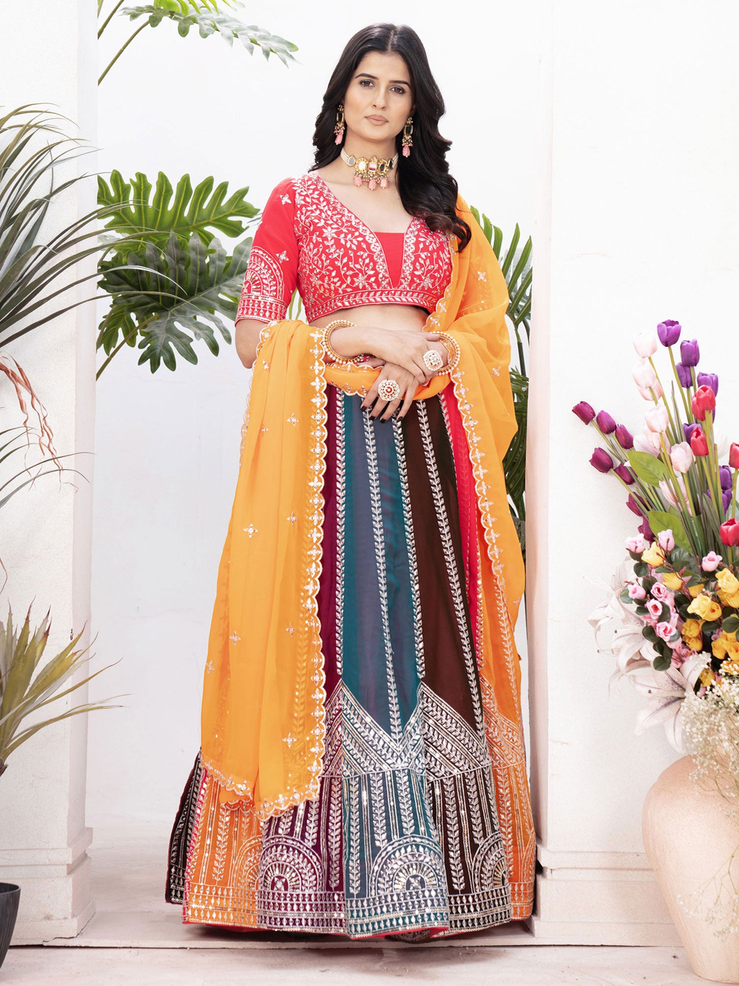Multicolor Wediing Lehenga Set With Georgette Dupatta