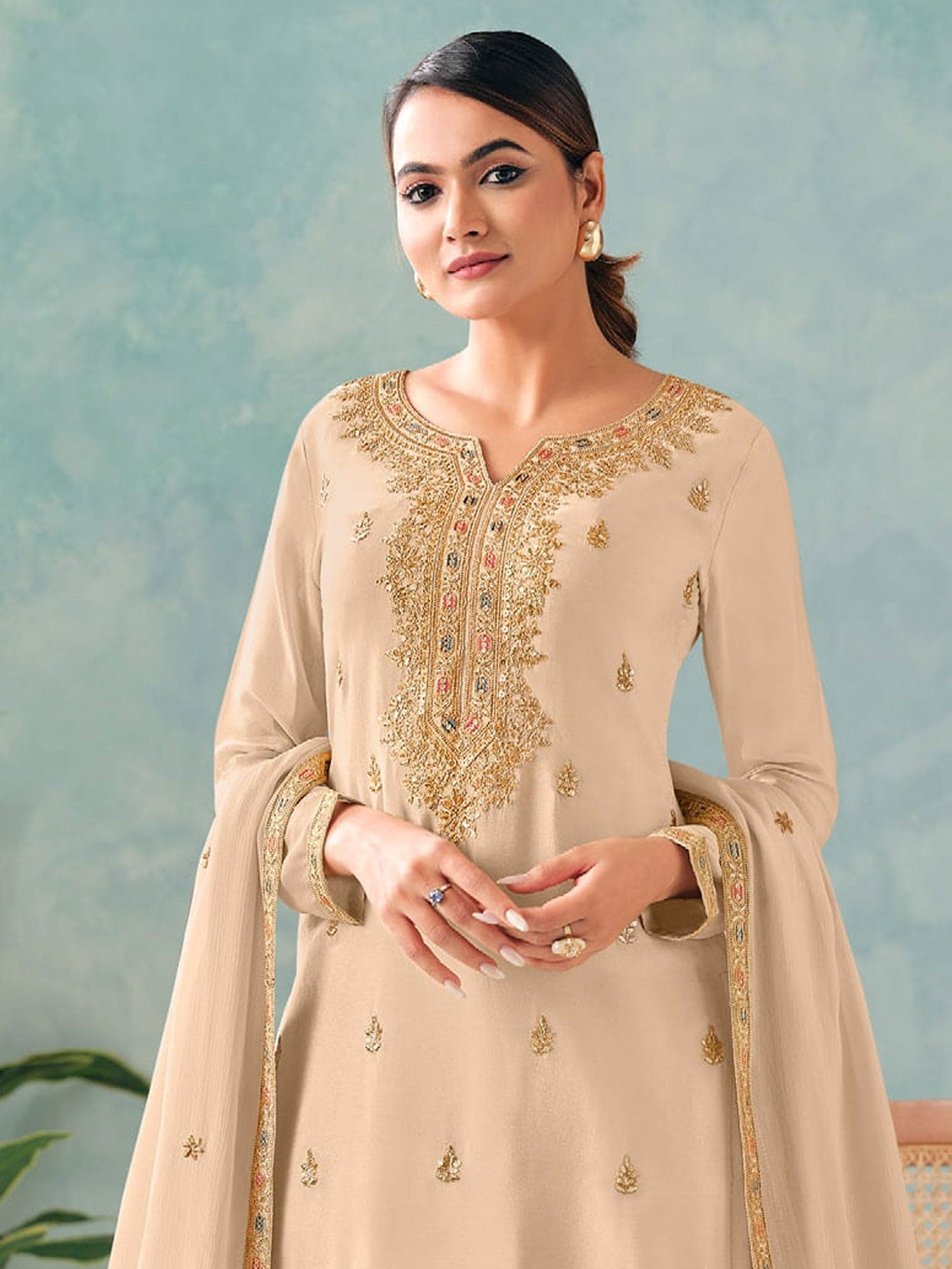 Beige Zari Embellished Indo Western Lehenga Choli