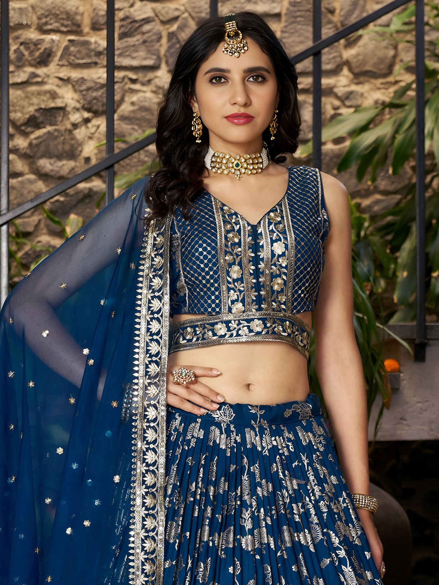 Blue Embroidered Lehenga Set With Organza Dupatta